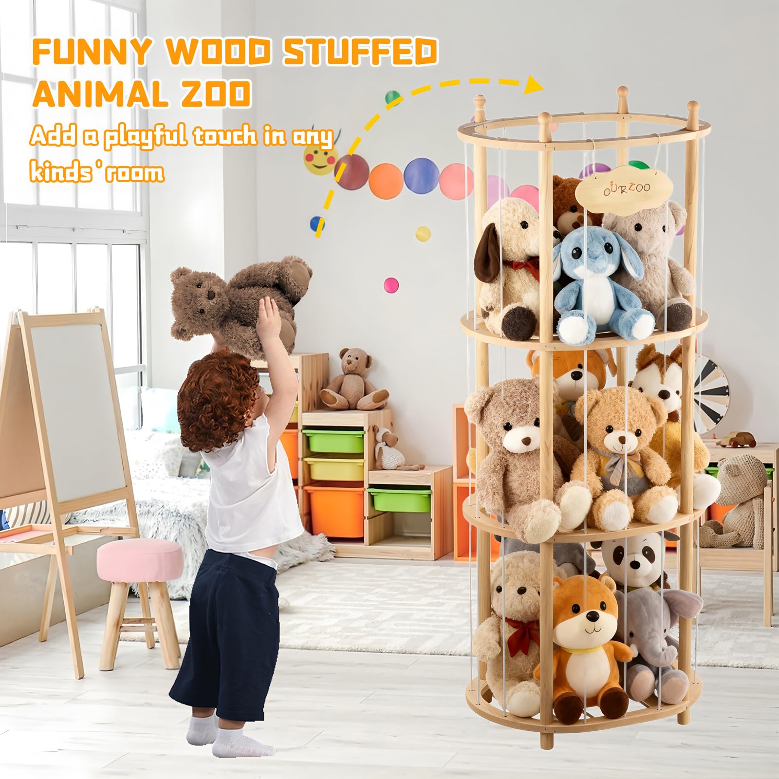 Viyuse wooden stuffed animal holder highlights durable, natural wood grain for stylish, lasting decor.