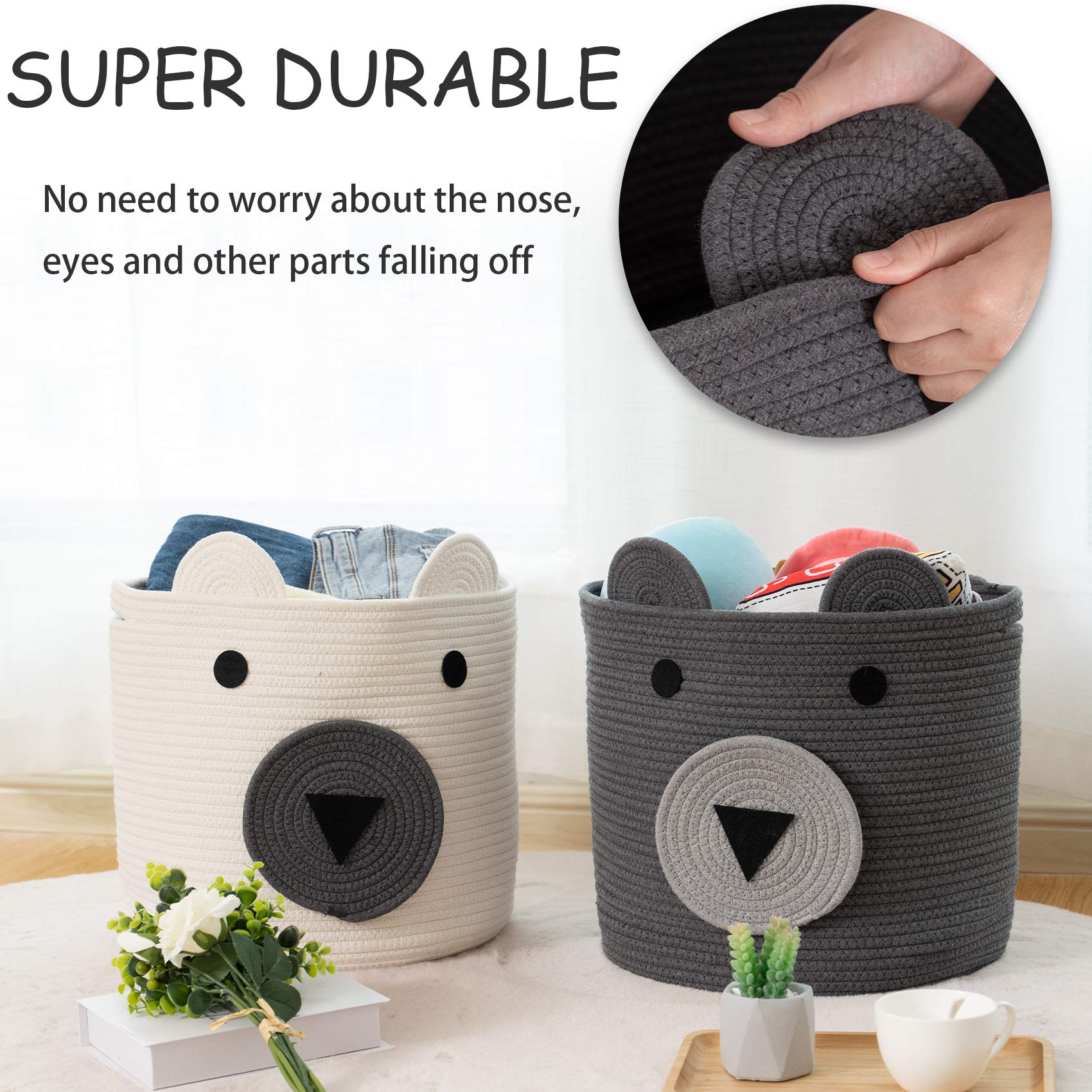 VK VK·LIVING cotton rope bear basket with blankets storage in bedroom setup.