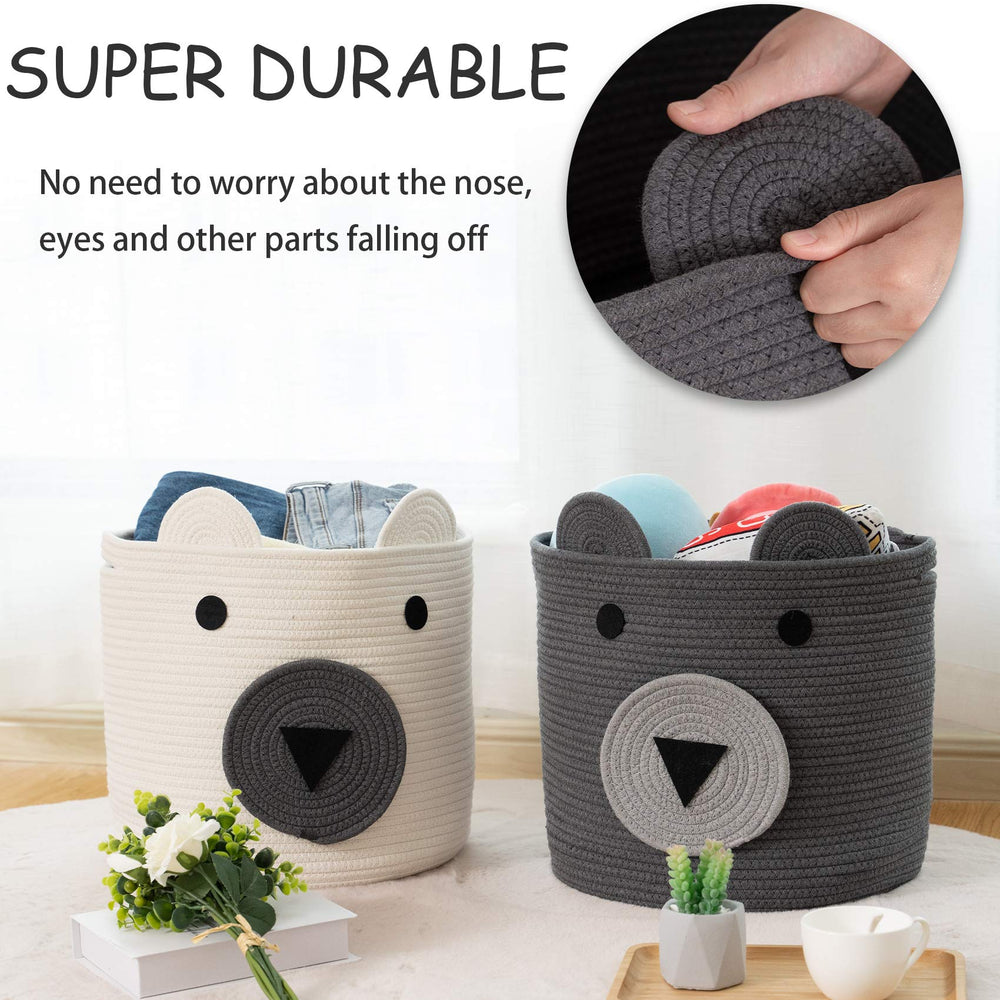 VK VK·LIVING cotton rope bear basket with blankets storage in bedroom setup.