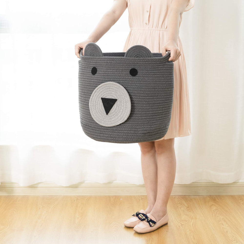 VK VK·LIVING cotton rope bear basket top-down view emphasizes foldable design for space-saving organization.