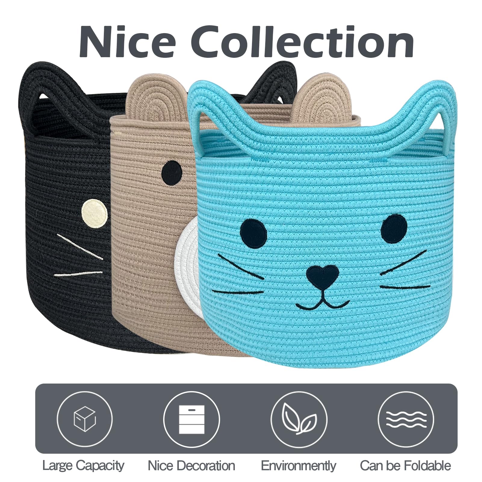 VK VK·LIVING cat basket used for nursery organization of blankets and baby items.