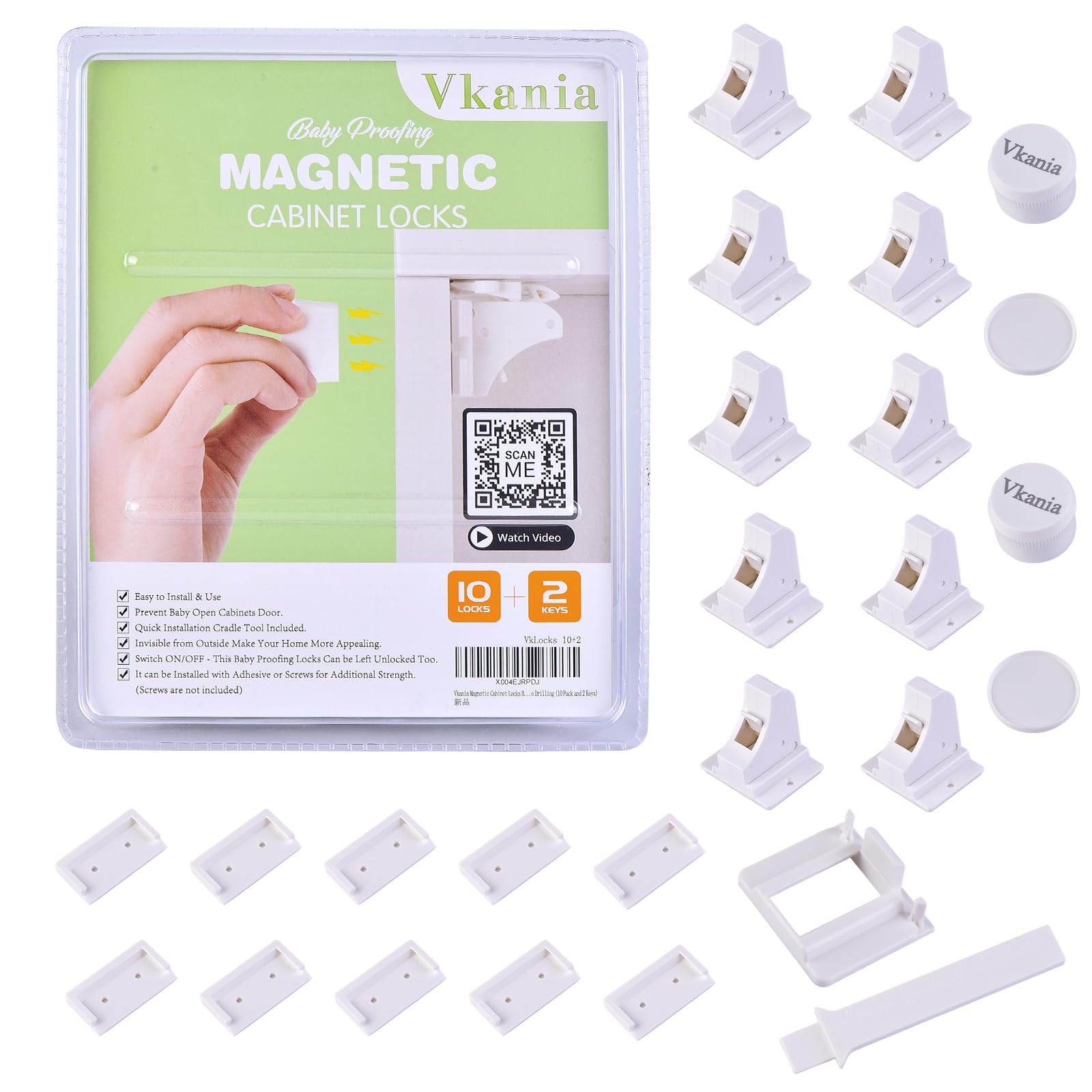 Vkania magnetic cabinet locks packaging shows a 10-pack for easy baby proofing.