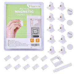 Vkania magnetic cabinet locks packaging shows a 10-pack for easy baby proofing.