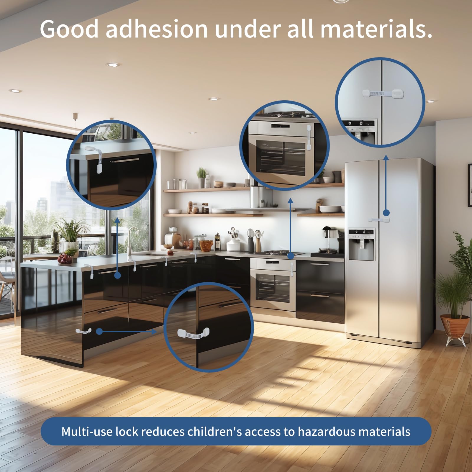 Vkania kitchen cabinet lock installed for organized storage in a busy kitchen.