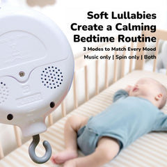 Vlokup baby mobile 3-modes display illustrating music, spin, and both options