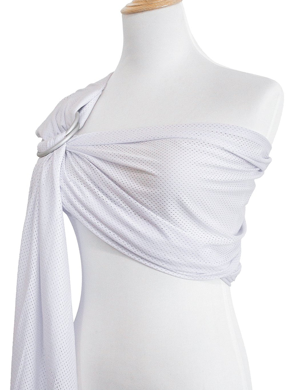 Vlokup baby water ring sling demonstrates hip-carry with secure front hold.