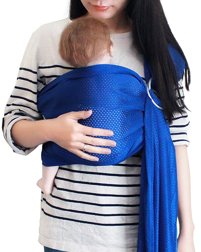 Vlokup baby water ring sling in royal blue worn for secure hands-free bonding
