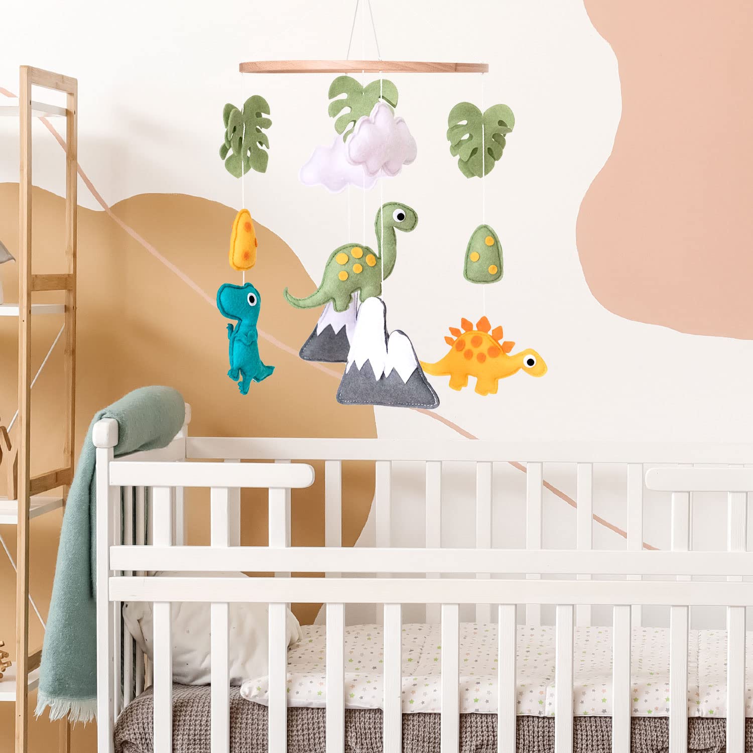 Vlokup dinosaur mobile boho-neutral design complements modern nurseries and decor