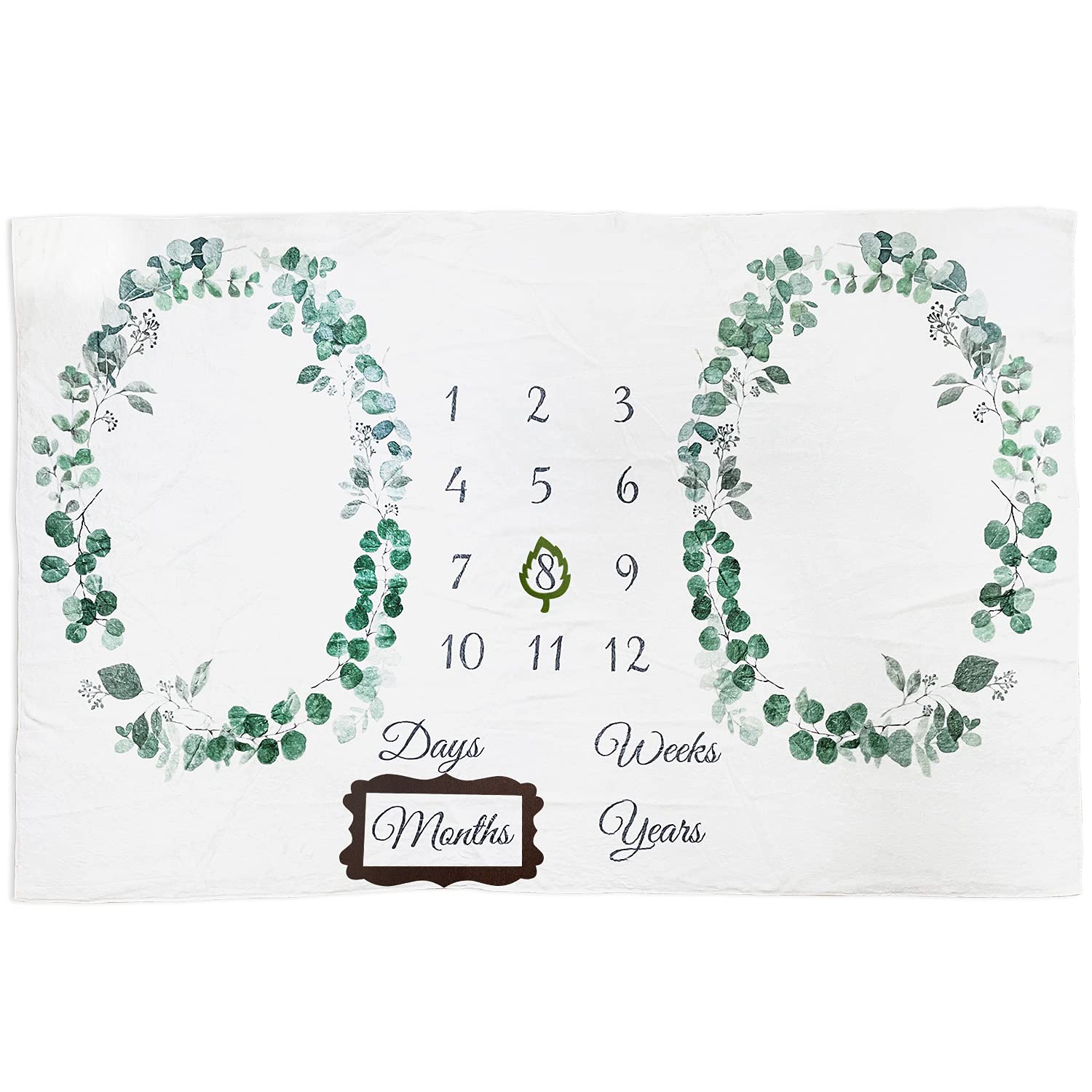 Vlokup milestone blanket laid flat shows the neutral green leaf wreath