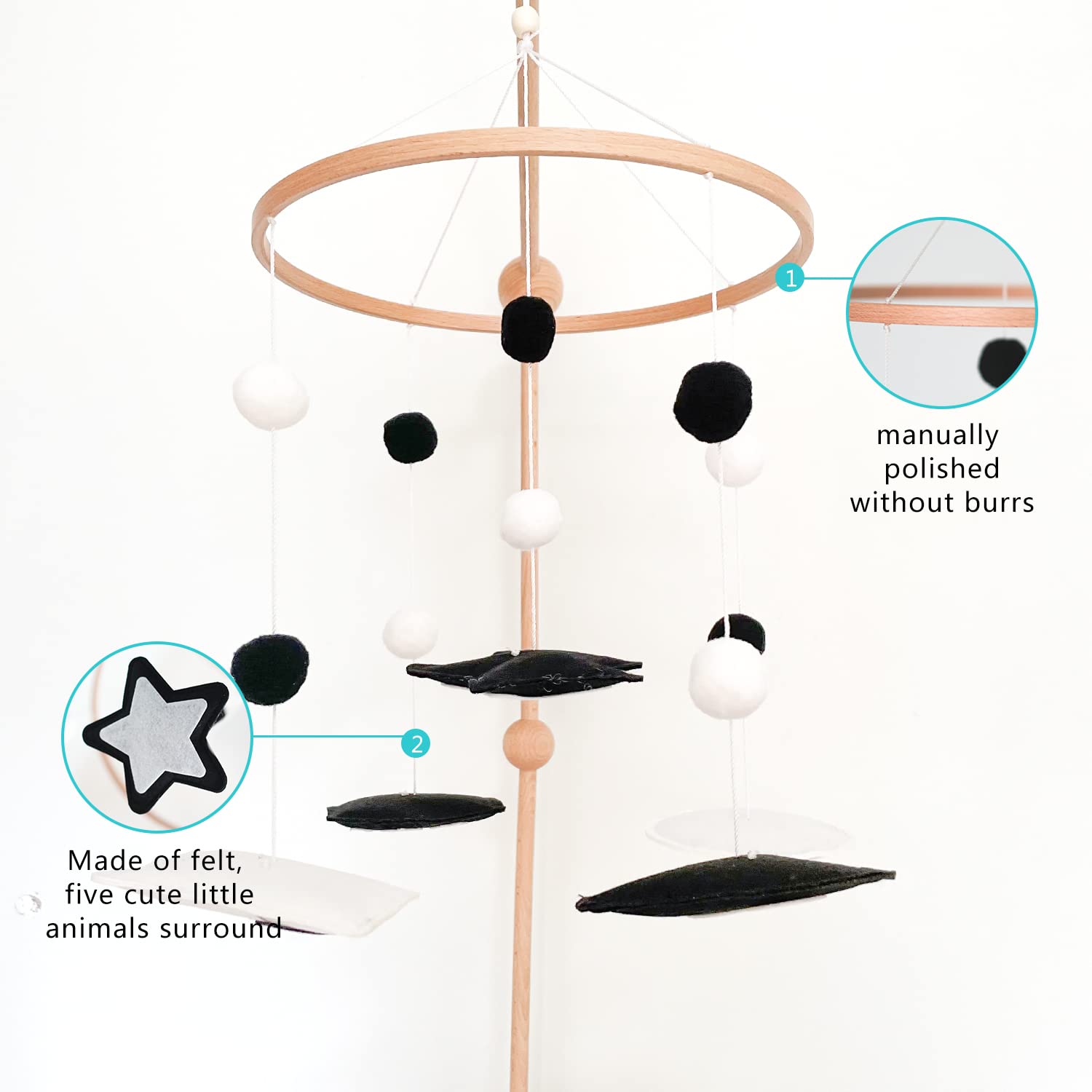 Vlokup Montessori mobile star detail emphasizes bold shapes for attention