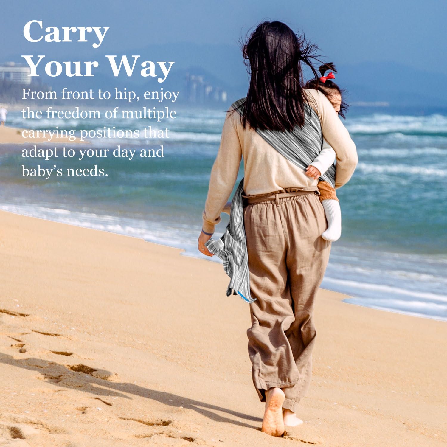 Vlokup Ring Sling M-position supports hip and spine alignment for babywearing.