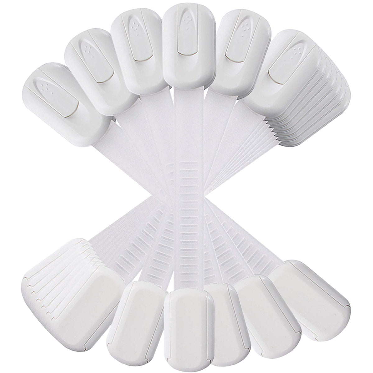 Vmaisi 12-pack adhesive straps lock close-up showing quick-locking design for cabinet safety.
