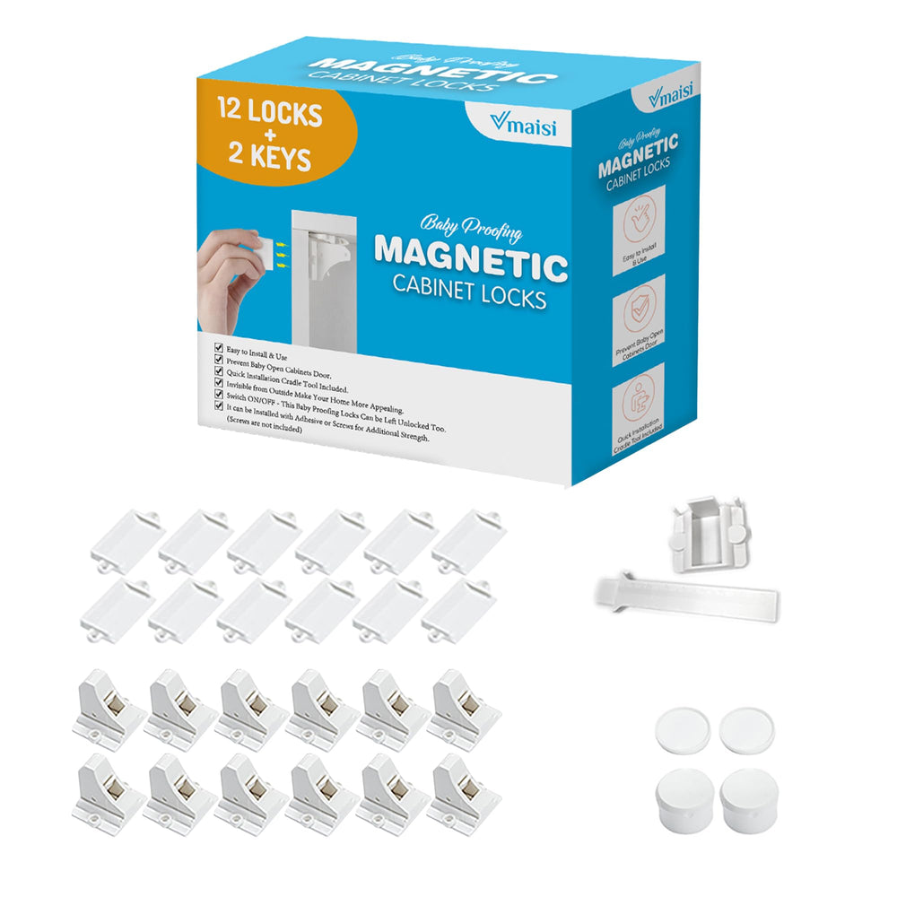 Vmaisi adhesive magnetic cabinet locks installed inside a cabinet for child safety.