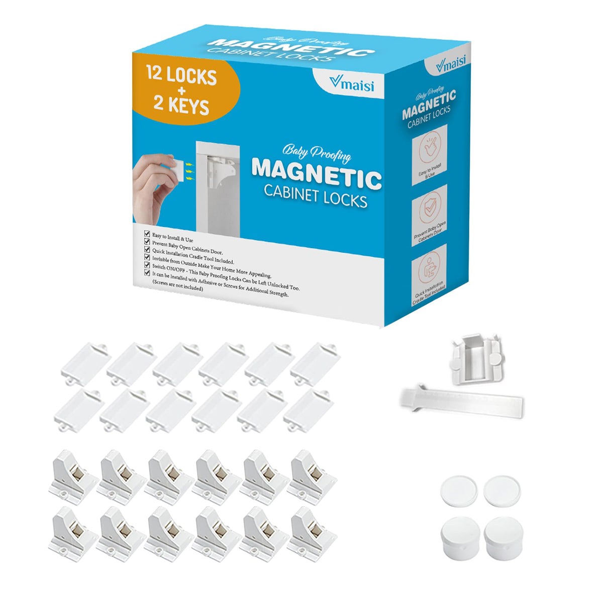 Vmaisi adhesive magnetic cabinet locks installed inside a cabinet for child safety.