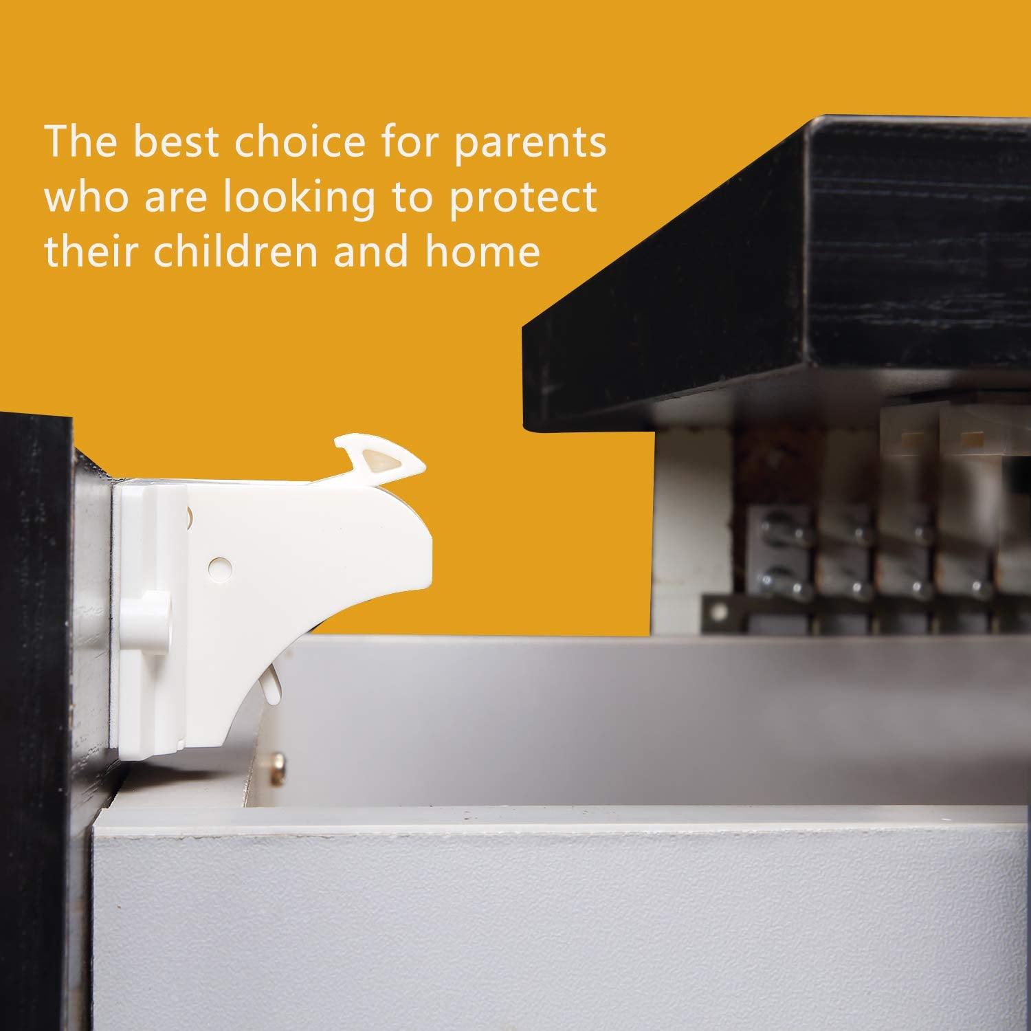 Vmaisi child-safety cabinet-lock closeup highlighting strong magnetic mechanism.