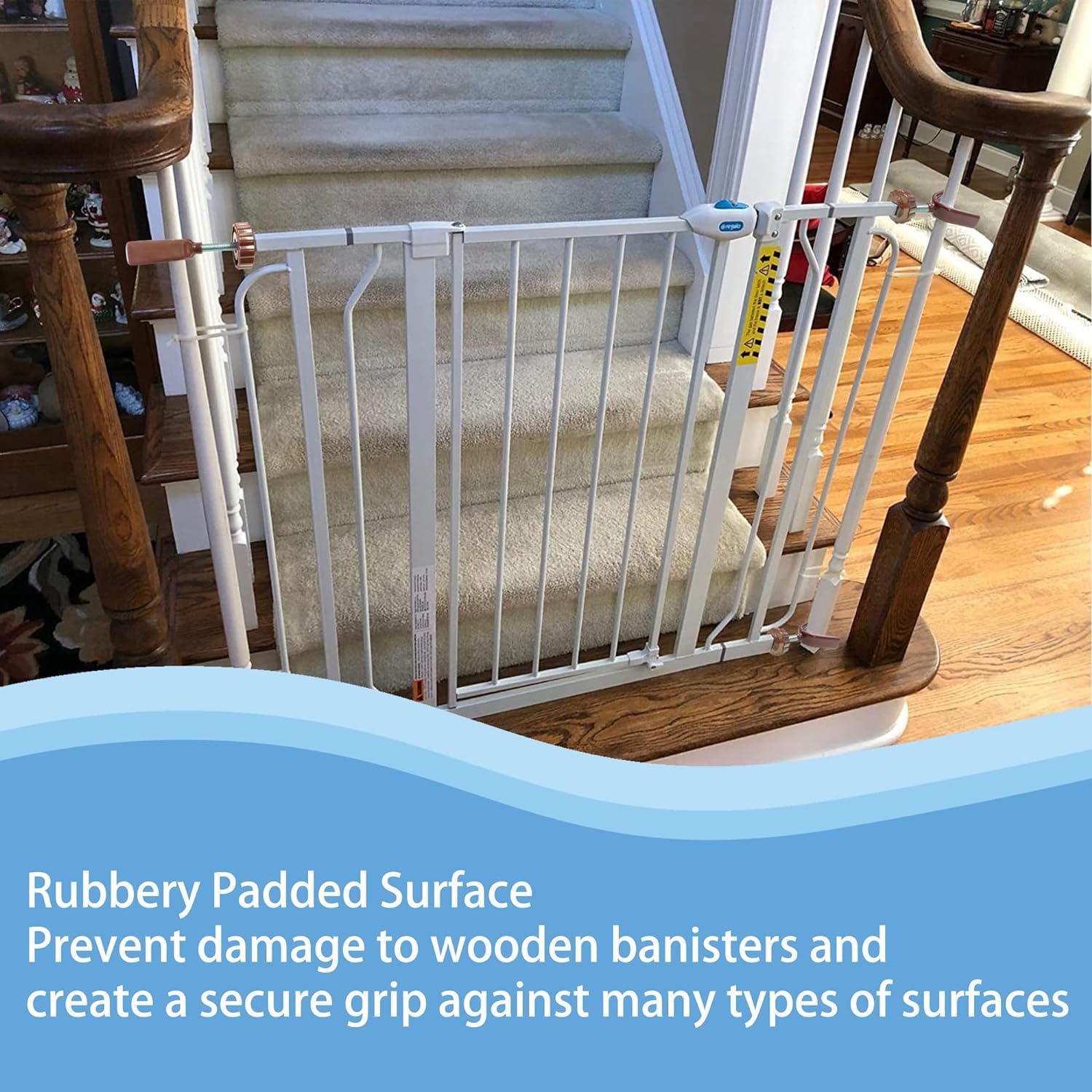 Vmaisi gate adapter mounted along a stair rail for added stability.