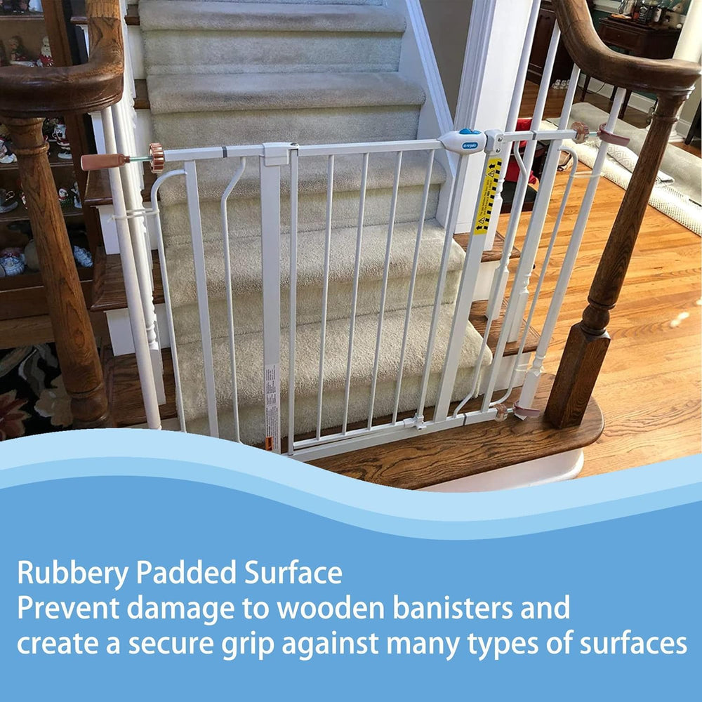 Vmaisi gate adapter mounted along a stair rail for added stability.