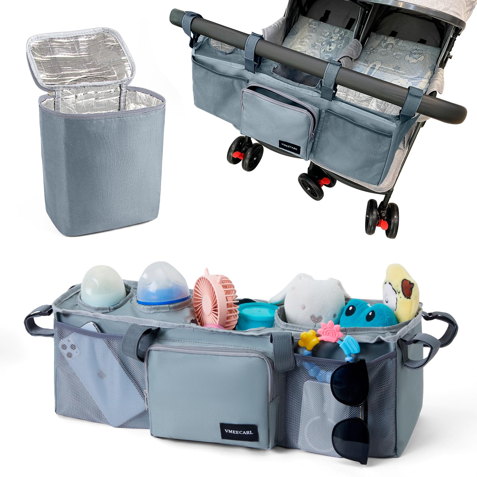 VMEECARL double stroller organizer cup holders highlight insulated drinks on the go