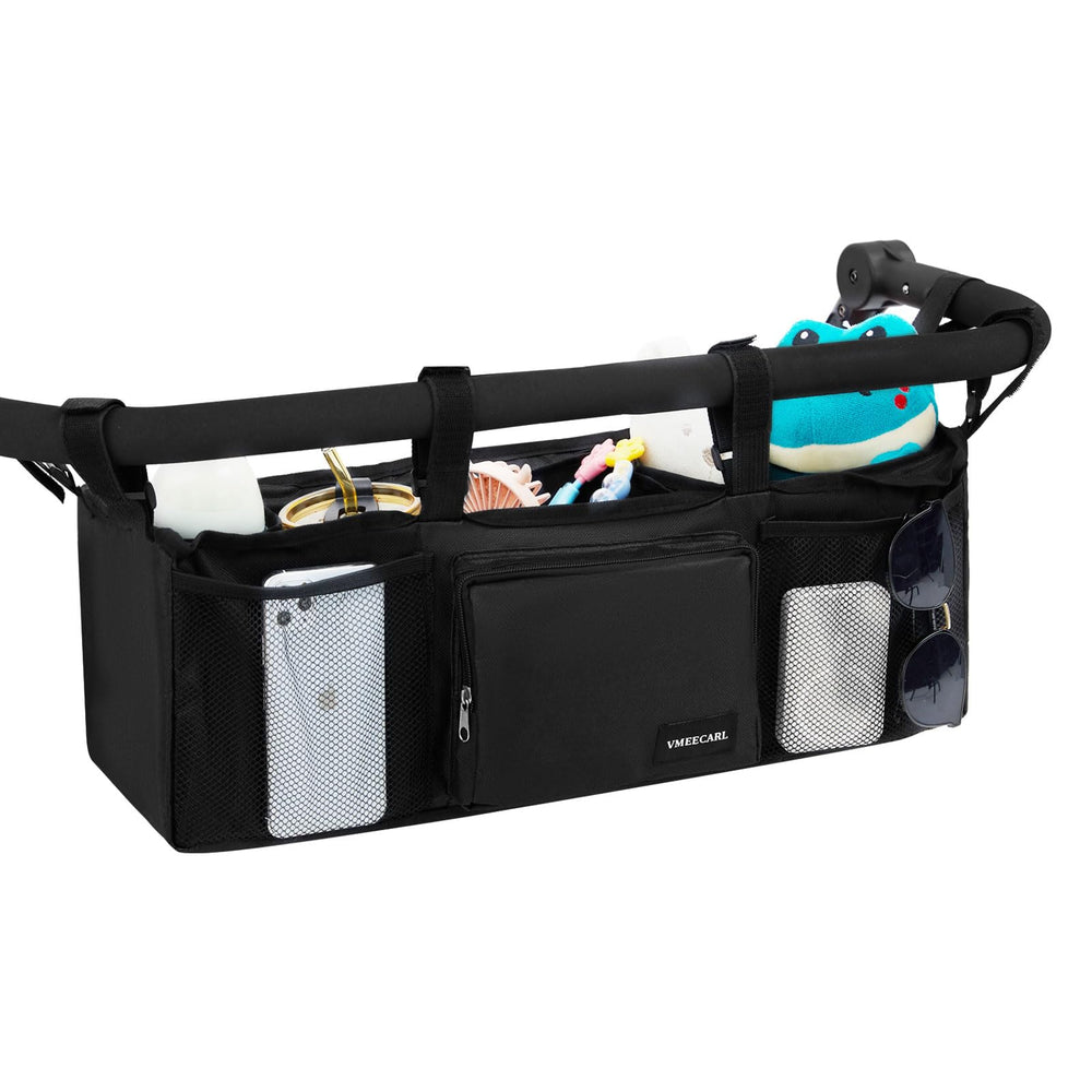 VMEECARL universal double stroller organizer front view showing organized interior for bottles and essentials