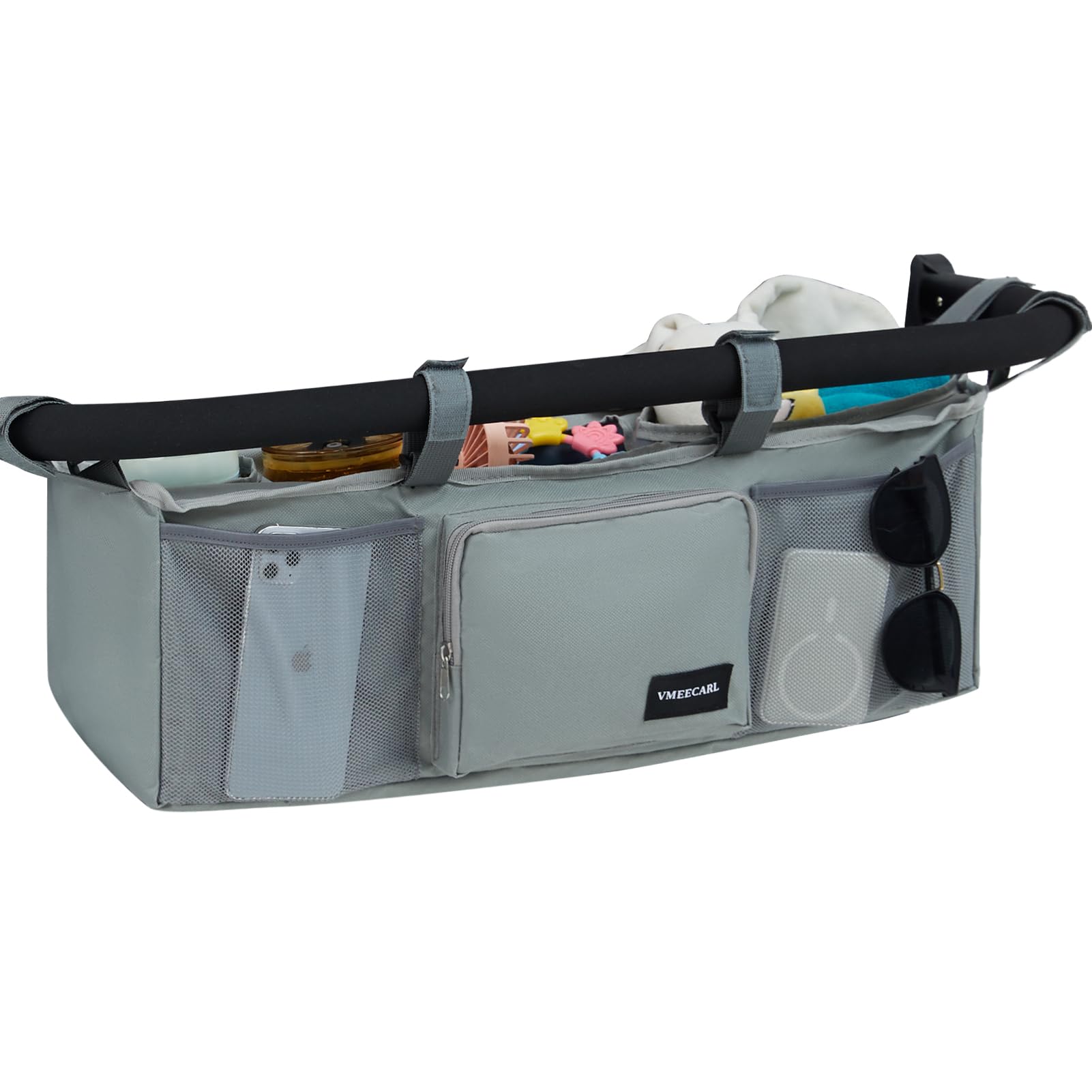 VMEECARL universal double stroller organizer front view keeps bottles and snacks within reach