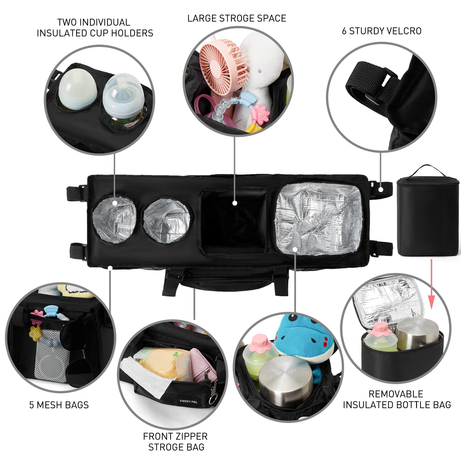 VMEECARL strap system securing organizer to handlebar during walks