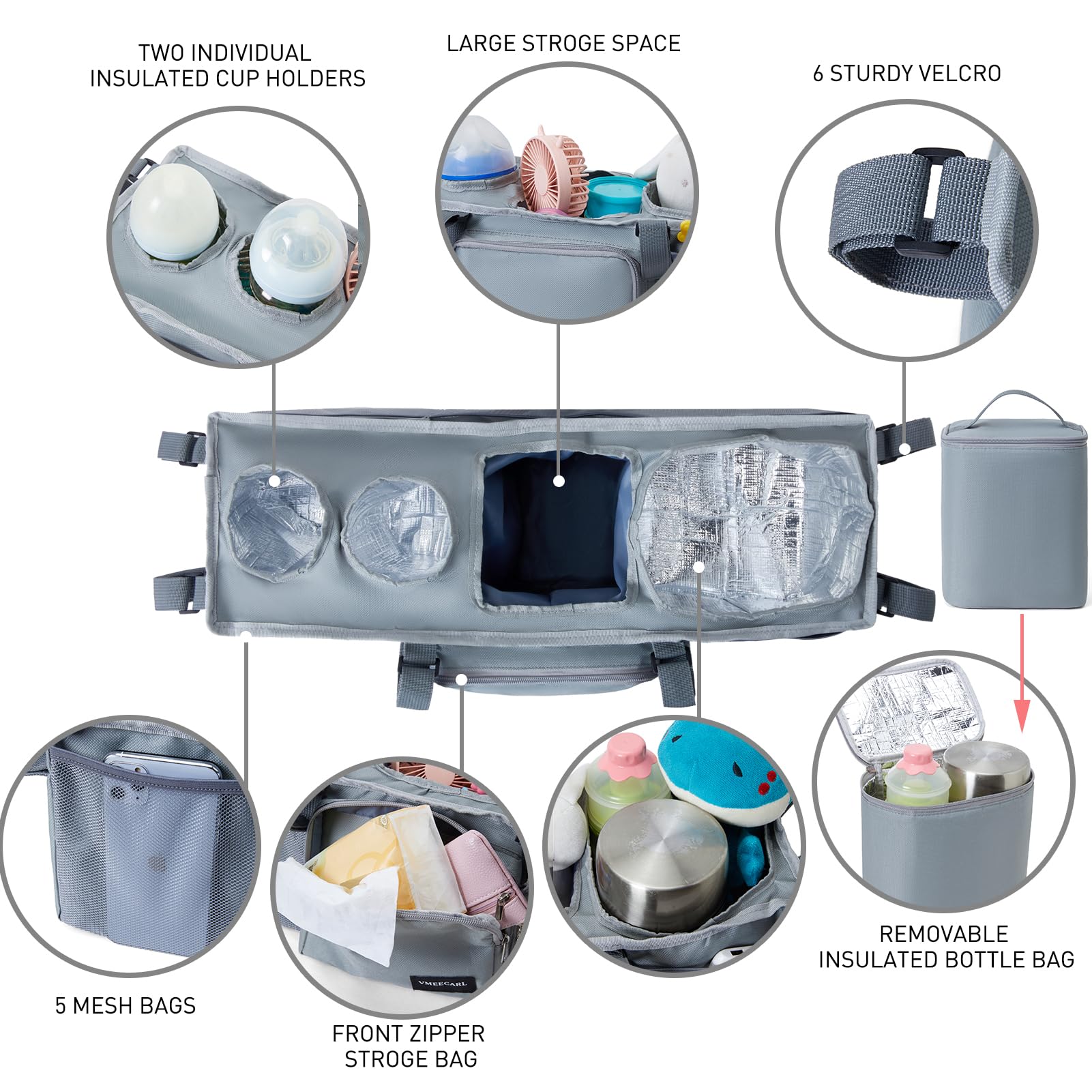 VMEECARL stroller organizer cooler bag maintains bottle temperature during walks