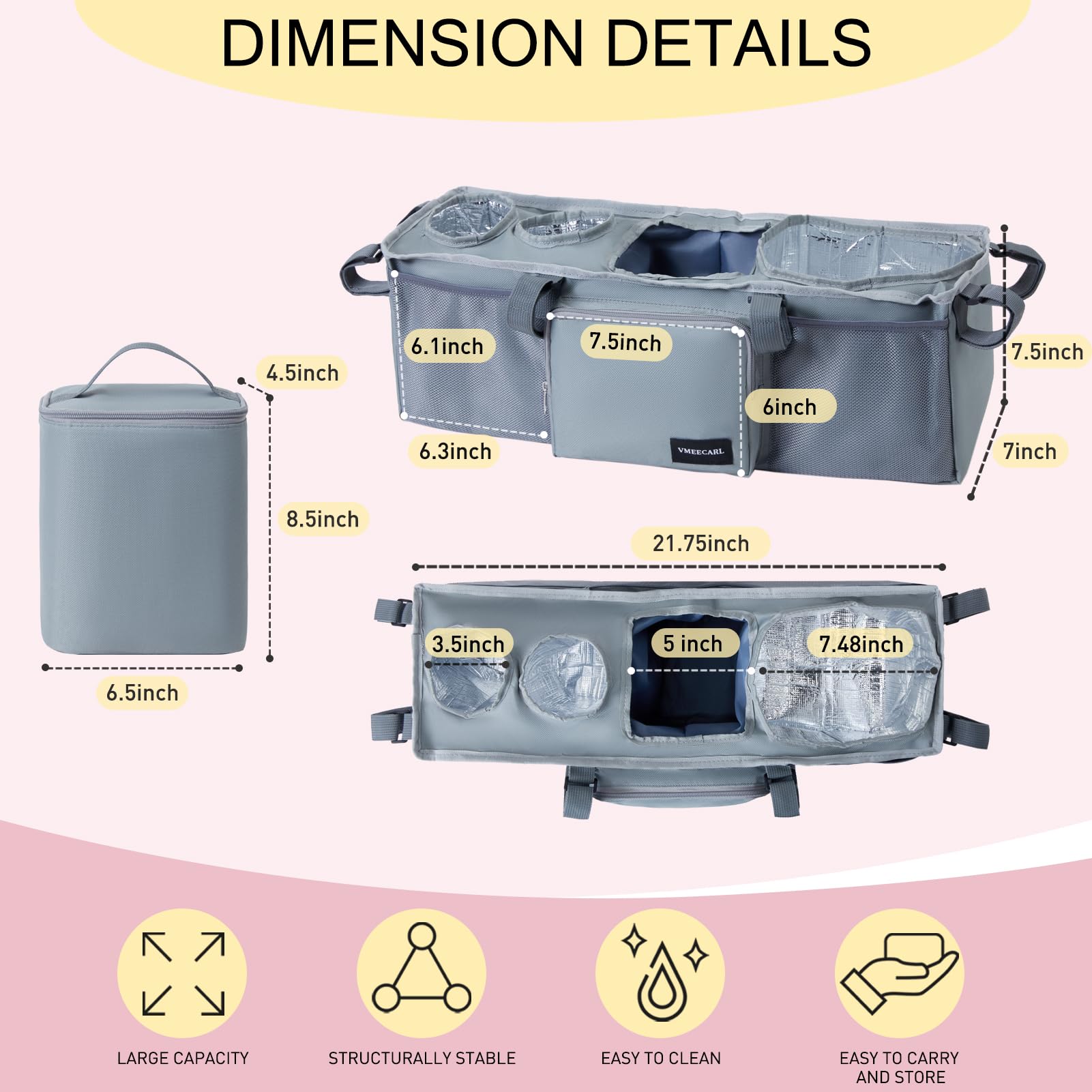 VMEECARL organizer secured by five adjustable buckles prevents slipping during brisk walks