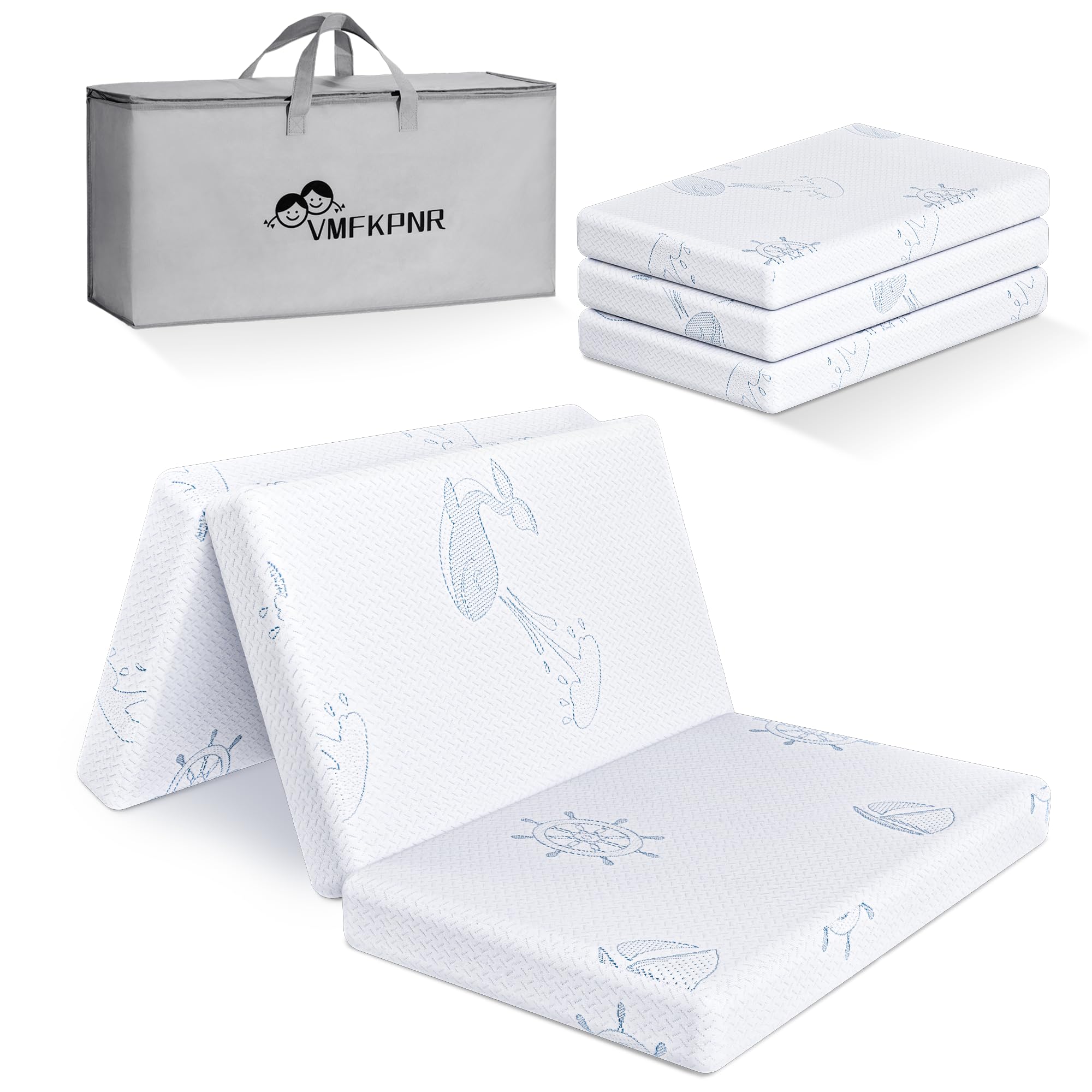 VMFKPNR trifold mattress folded in travel bag, showcasing portable comfort on the go.