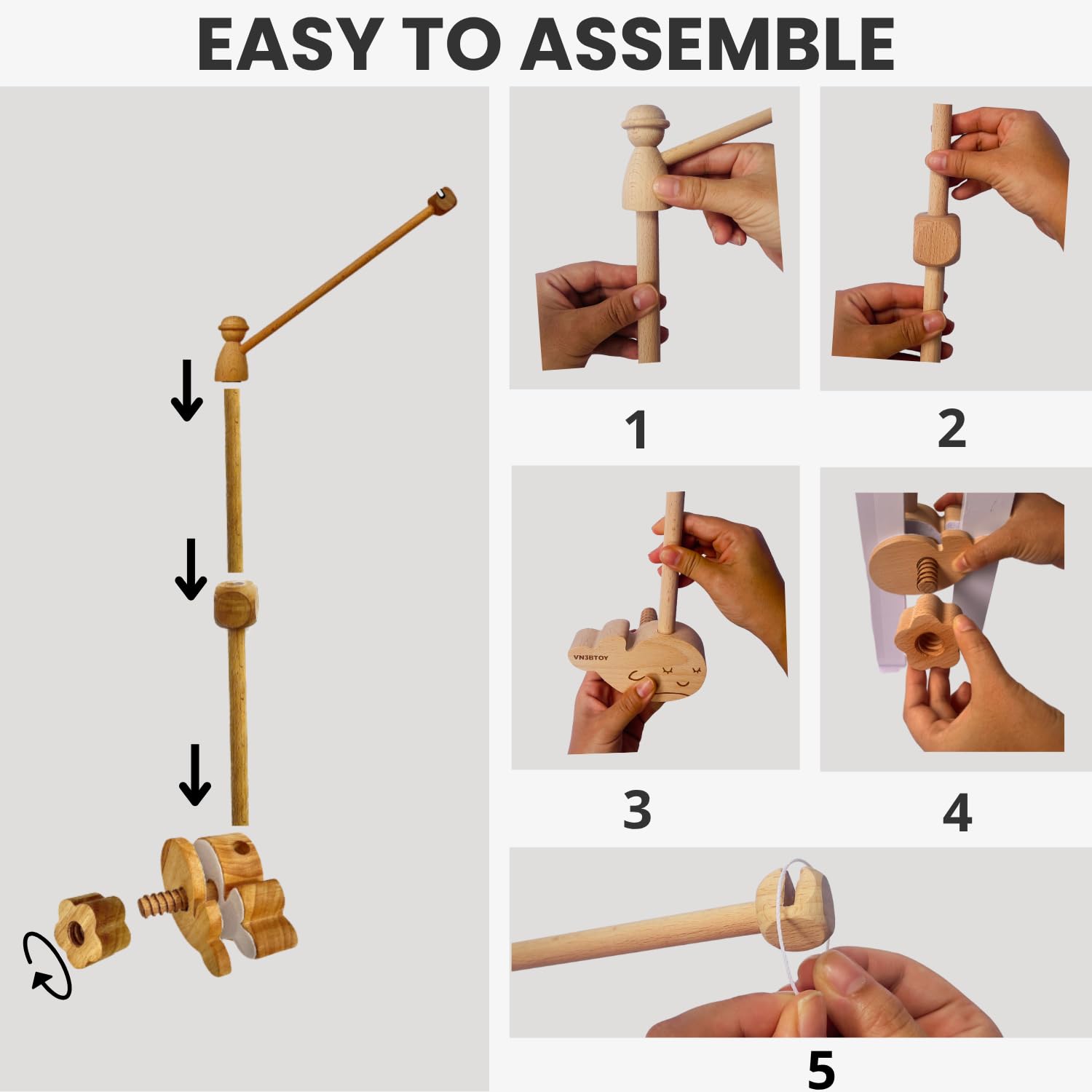 VN3BTOY adjustable wooden arm demonstrates versatile positioning for different crib styles.
