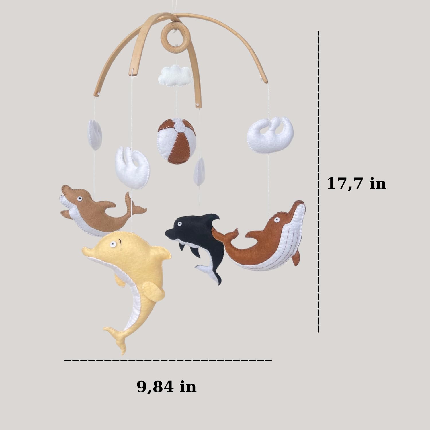 VN3BTOY Hand-sewn Felt Dolphins emphasizes premium craft and tactile texture for baby’s visual interest.