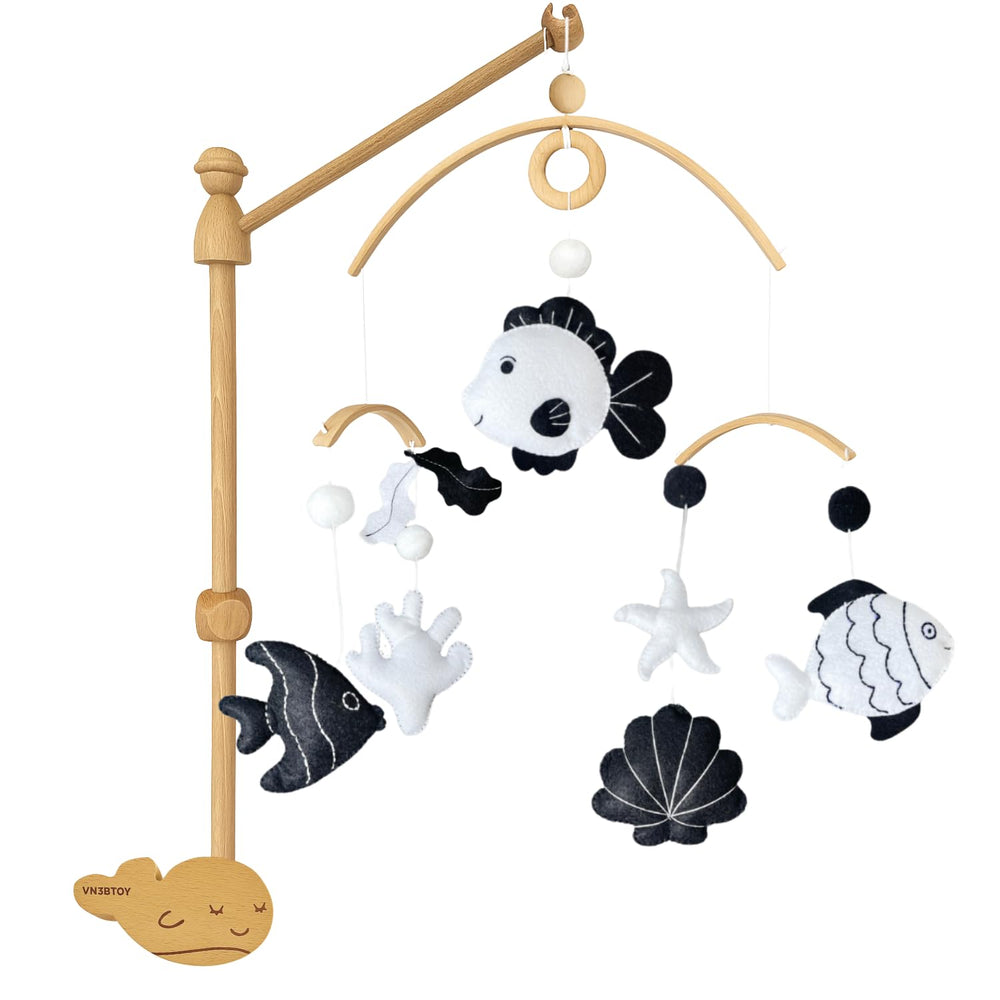 VN3BTOY high-contrast black and white fish mobile for crib visual tracking.