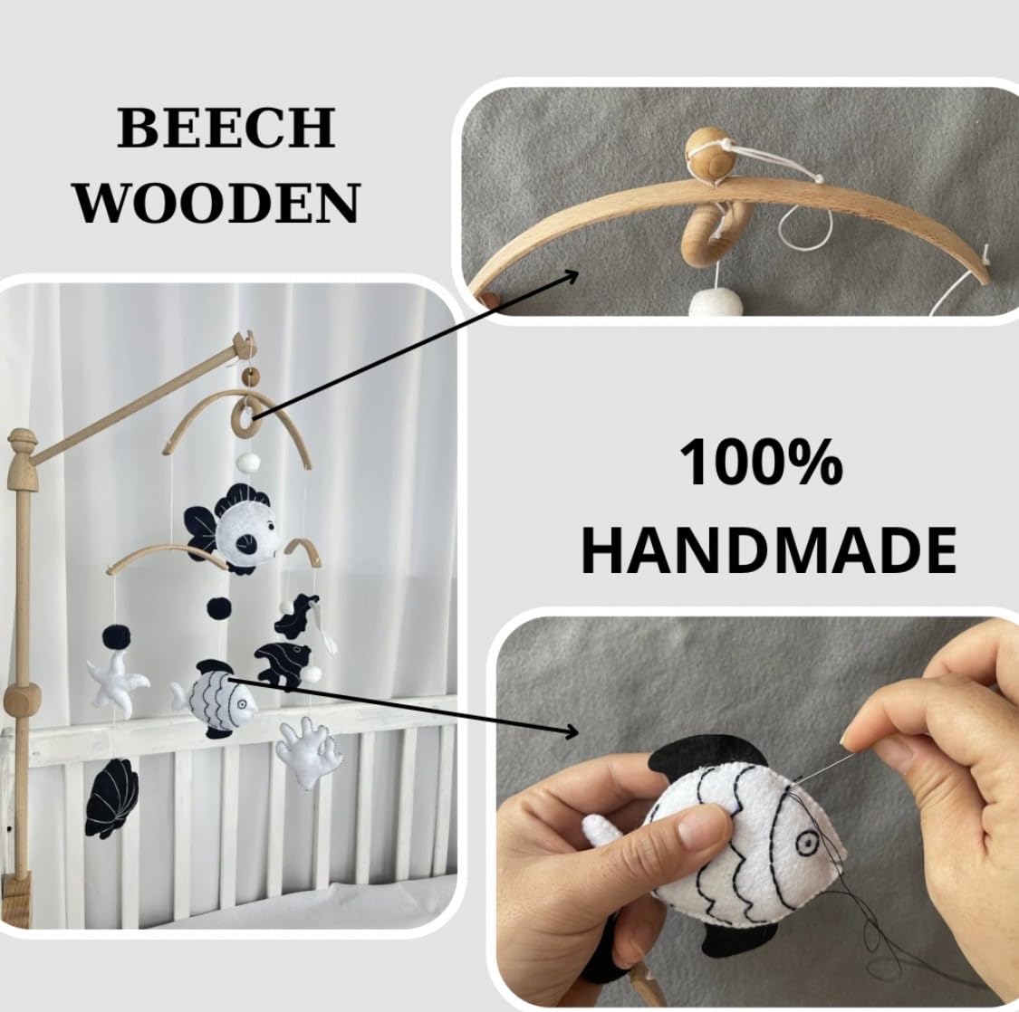 VN3BTOY Montessori Baby Mobile with raw oak details for natural nursery decor.