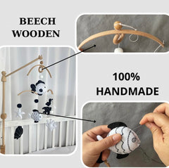 VN3BTOY Montessori Baby Mobile with raw oak details for natural nursery decor.