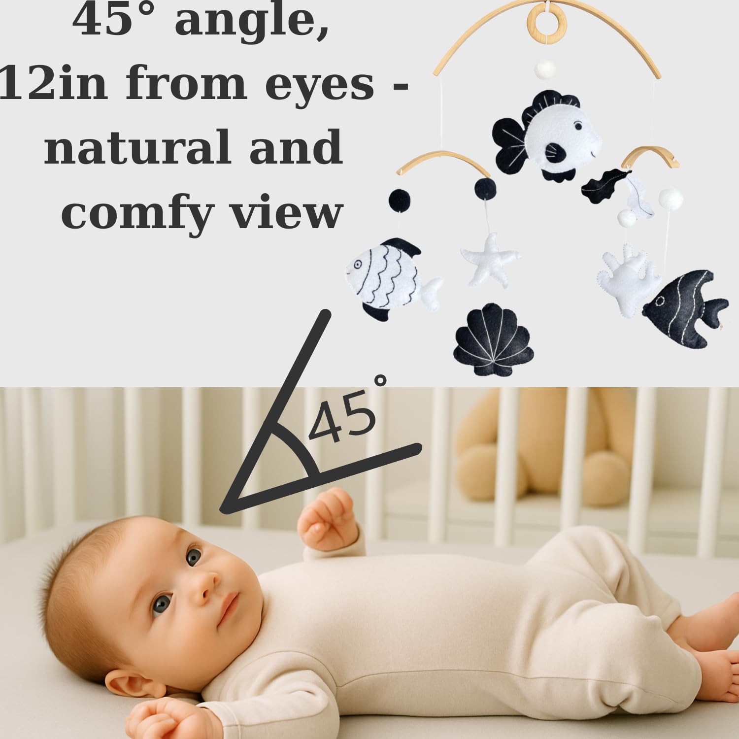 VN3BTOY Montessori nursery decor with aquarium-inspired black-and-white design.