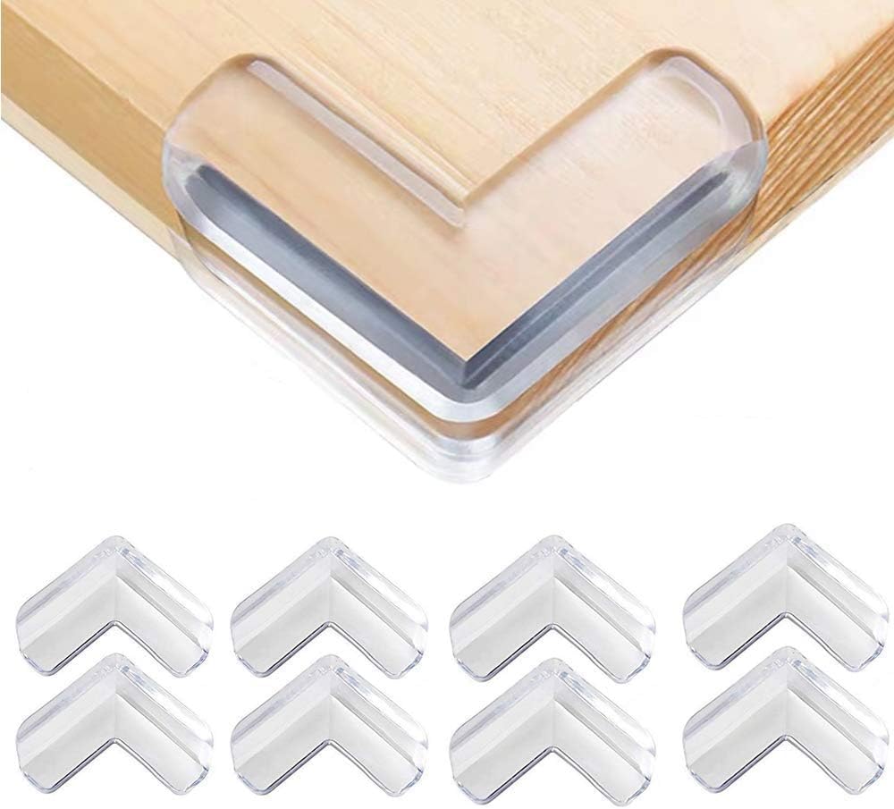 Vobulafy safety corner protectors on a clear edge guard prevent toddler bumps