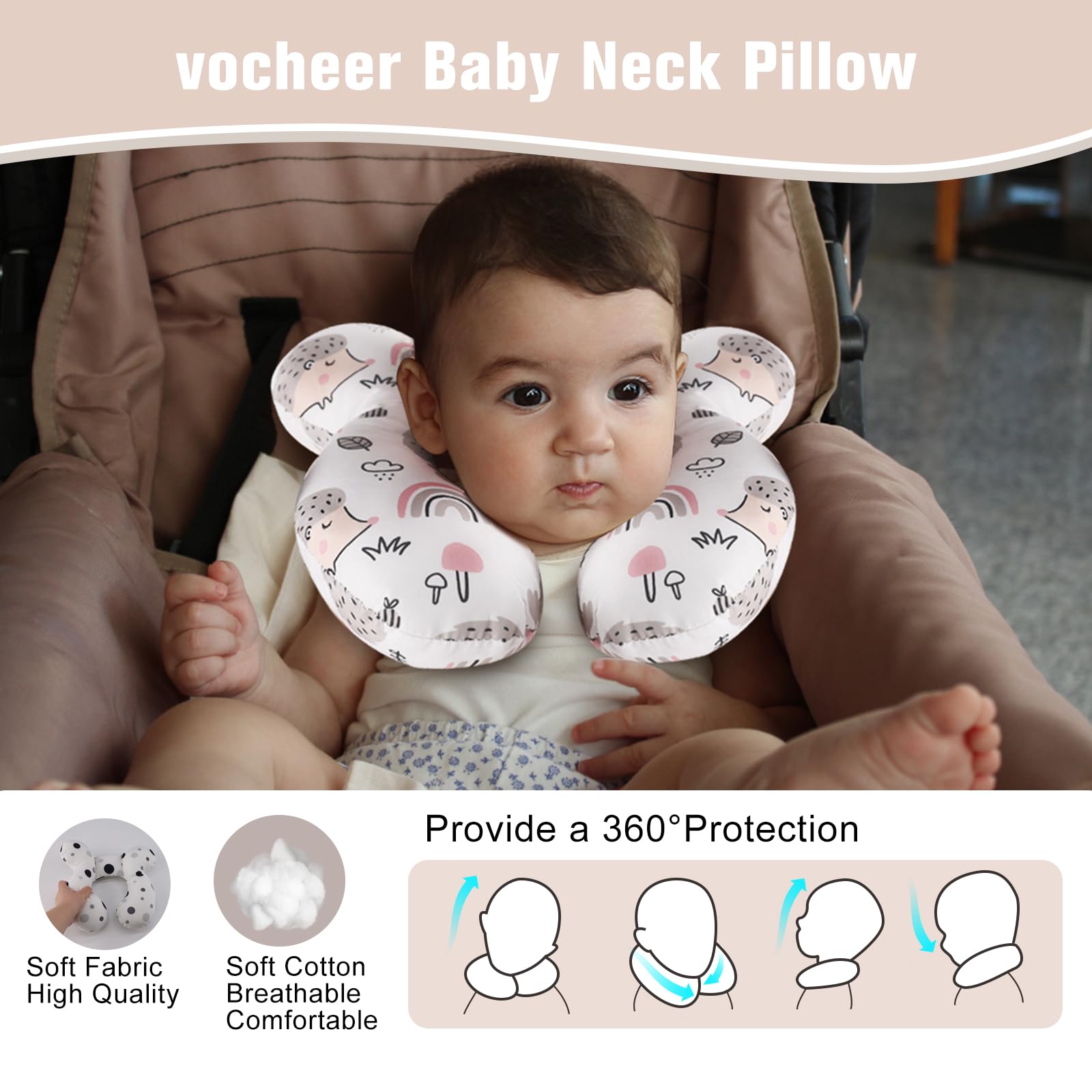 Vocheer Baby Travel Pillow car seat safety shield for neck support