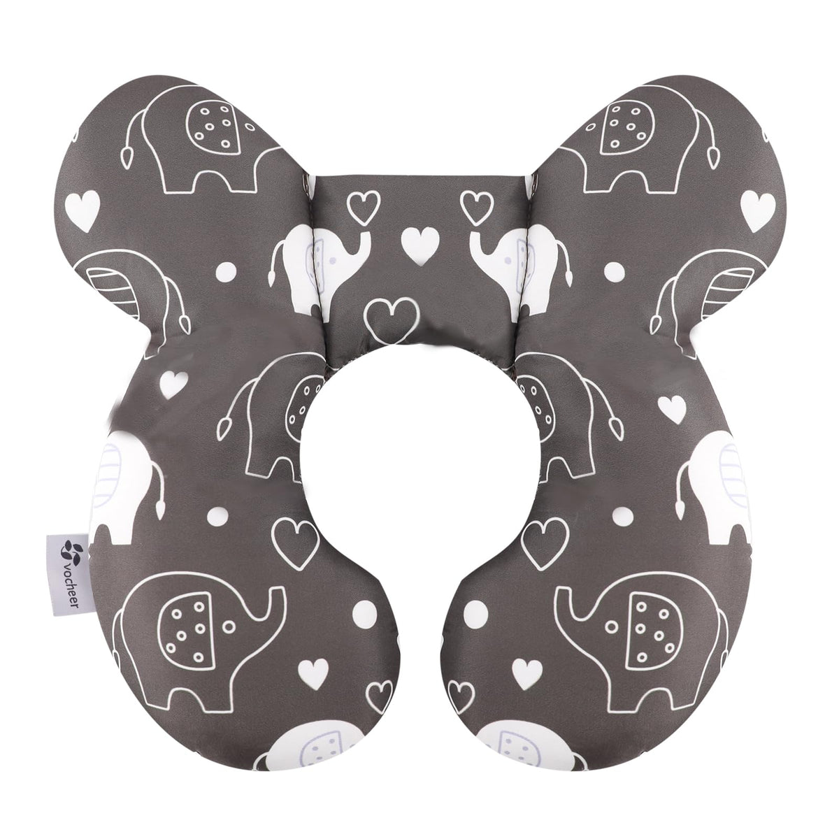 Vocheer Baby Travel Pillow elephant front view shows plush cotton fabric for comfy support on the go.