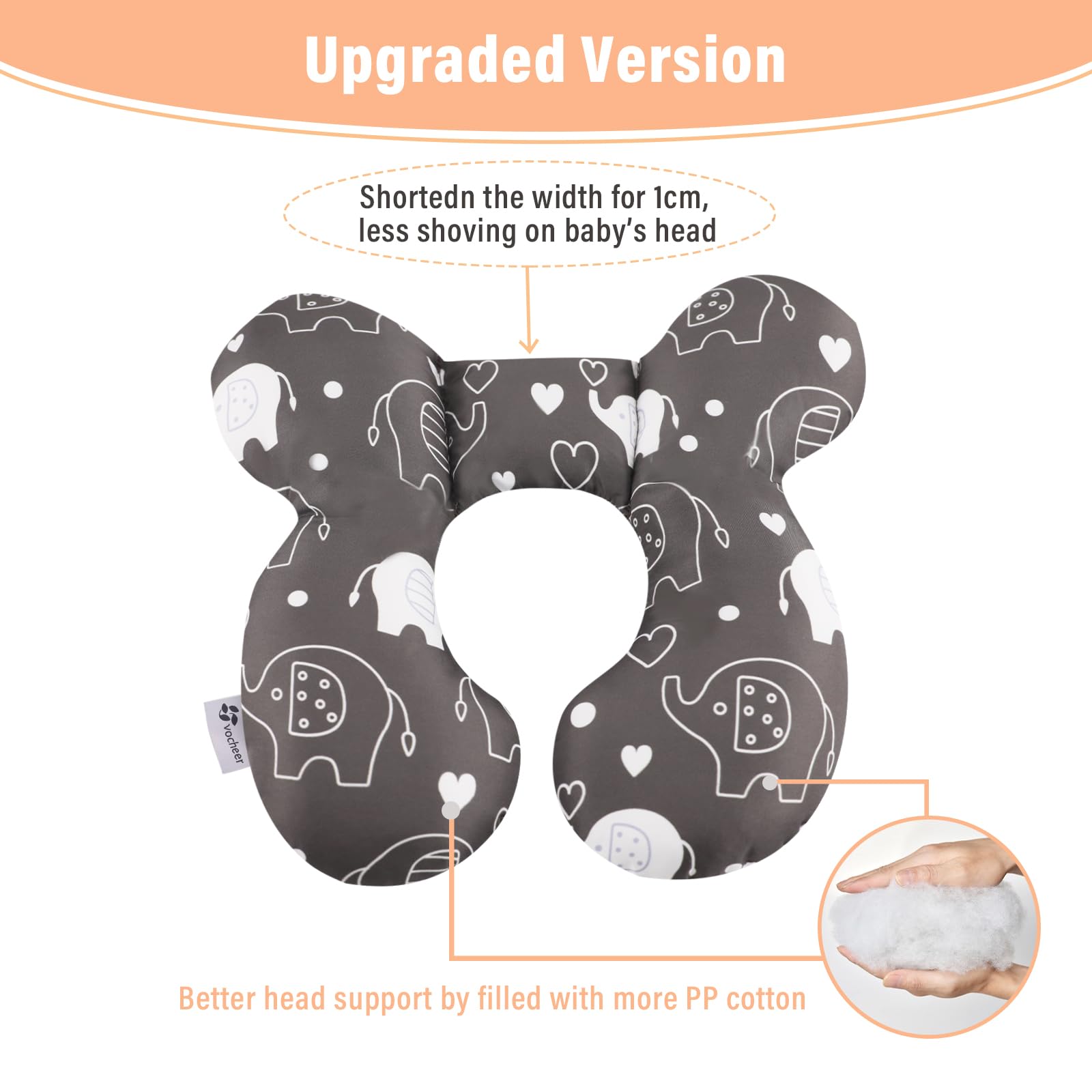 Vocheer Baby Travel Pillow elephant side view highlights padded sides for stable head and neck support.
