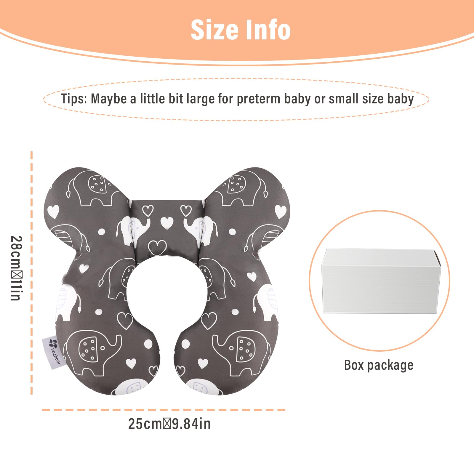 Vocheer Baby Travel Pillow in car seat demonstrates secure positioning for infant head support.