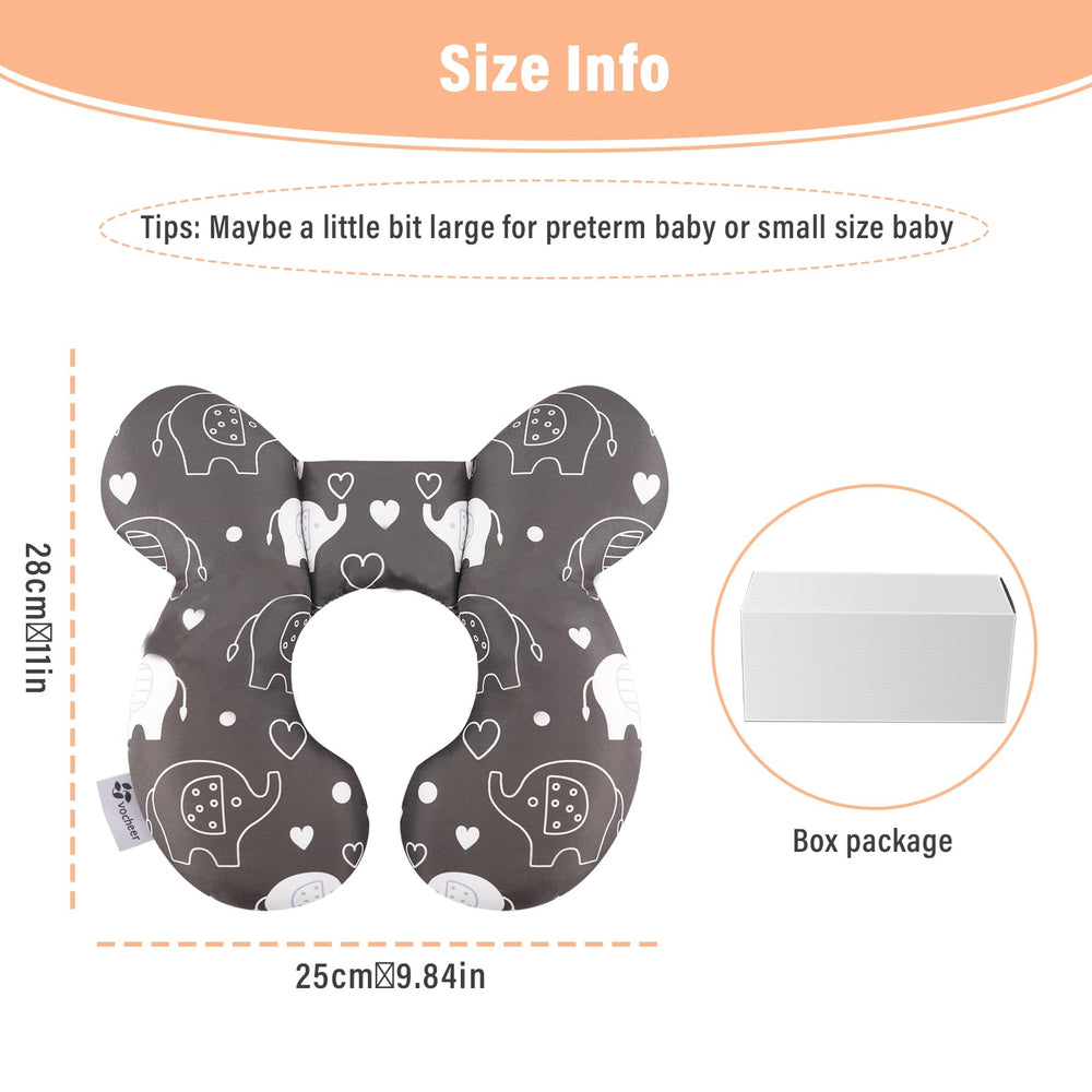 Vocheer Baby Travel Pillow in car seat demonstrates secure positioning for infant head support.
