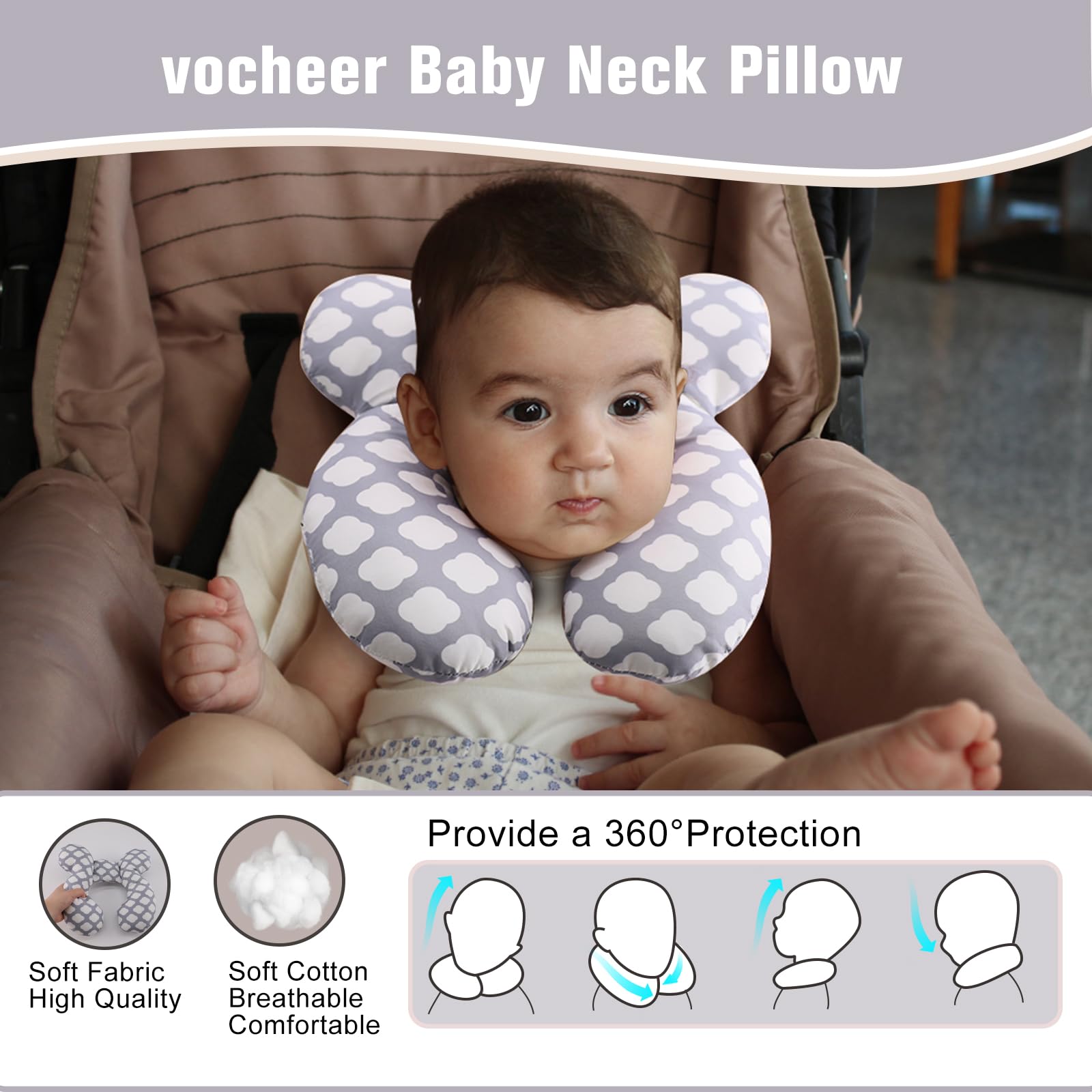 vocheer Baby Travel Pillow soft fabric close-up highlights plush PP cotton fill.