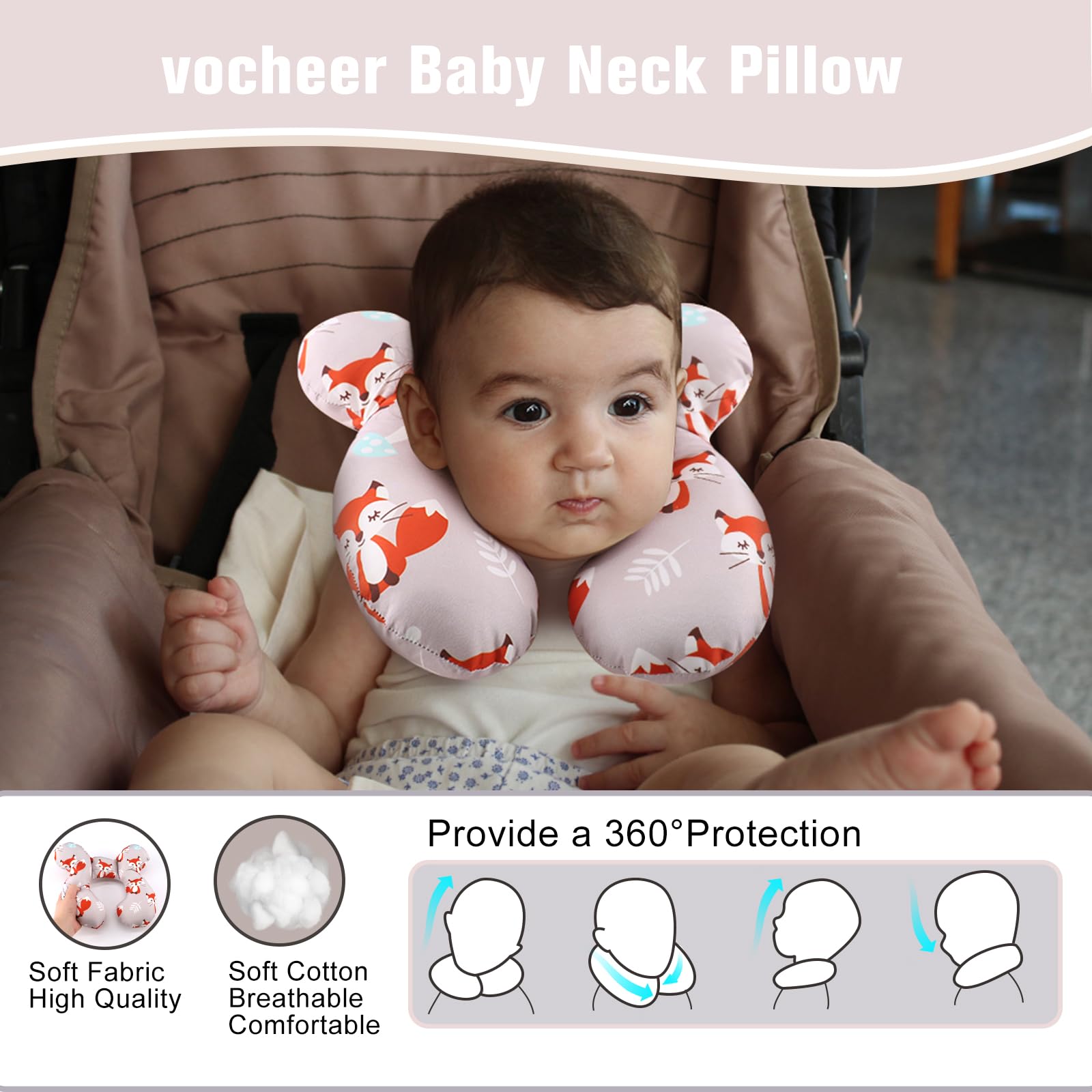 Vocheer infant car headrest pillow uses soft fabric and 100% PP cotton for gentle cushioning