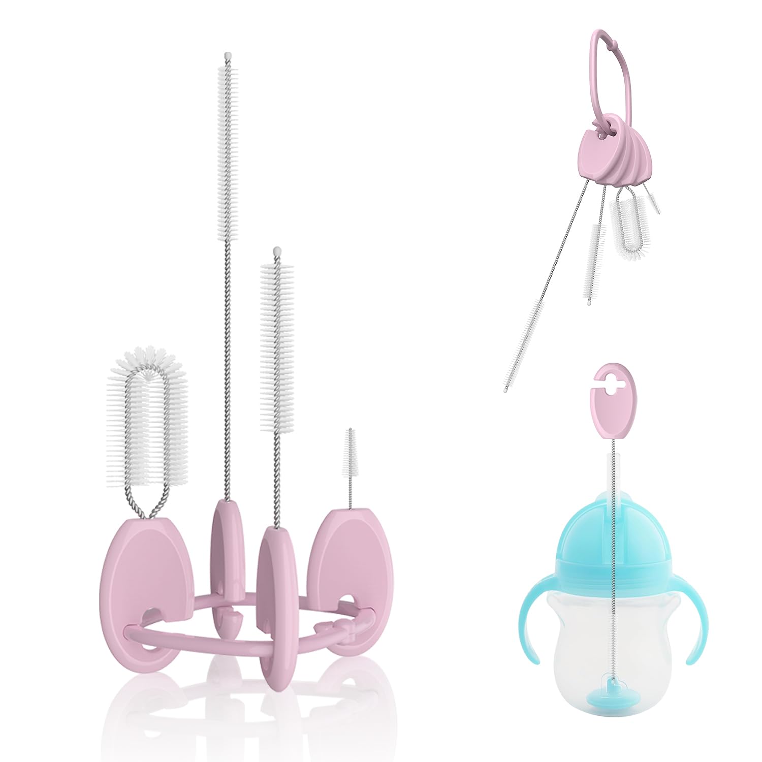 VOGOGE Baby Straw Brush Set clip-on storage closeup for organized cleaning on the go.