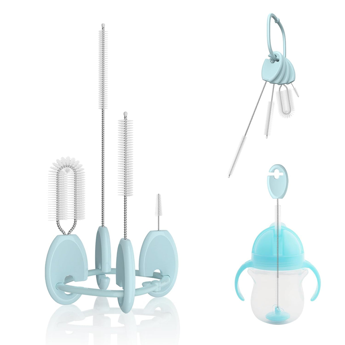 VOGOGE baby straw brush set with standable key ring in blue for organized cleaning.
