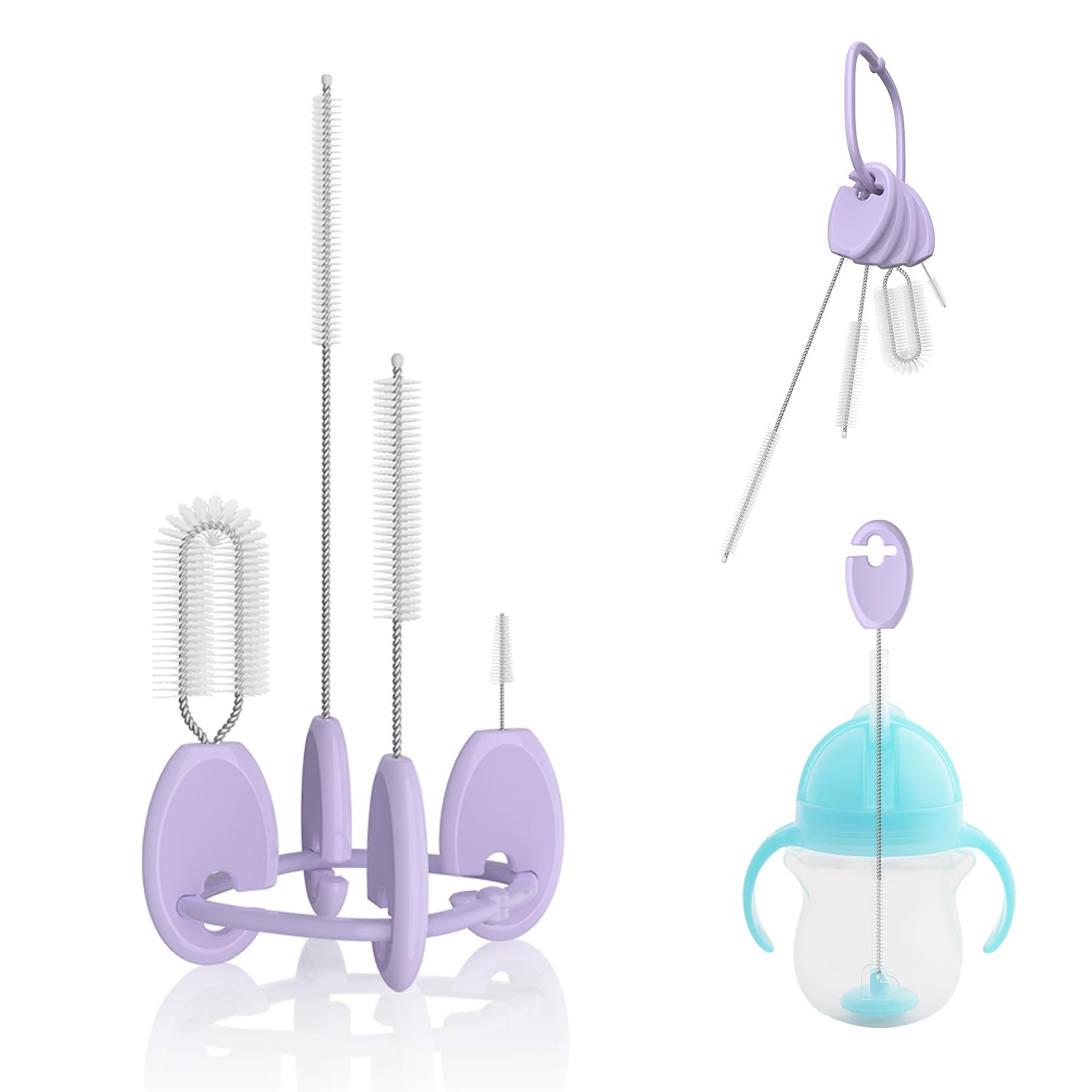 VOGOGE Baby Straw Brush Set stands with a key ring for quick cleaning sessions.