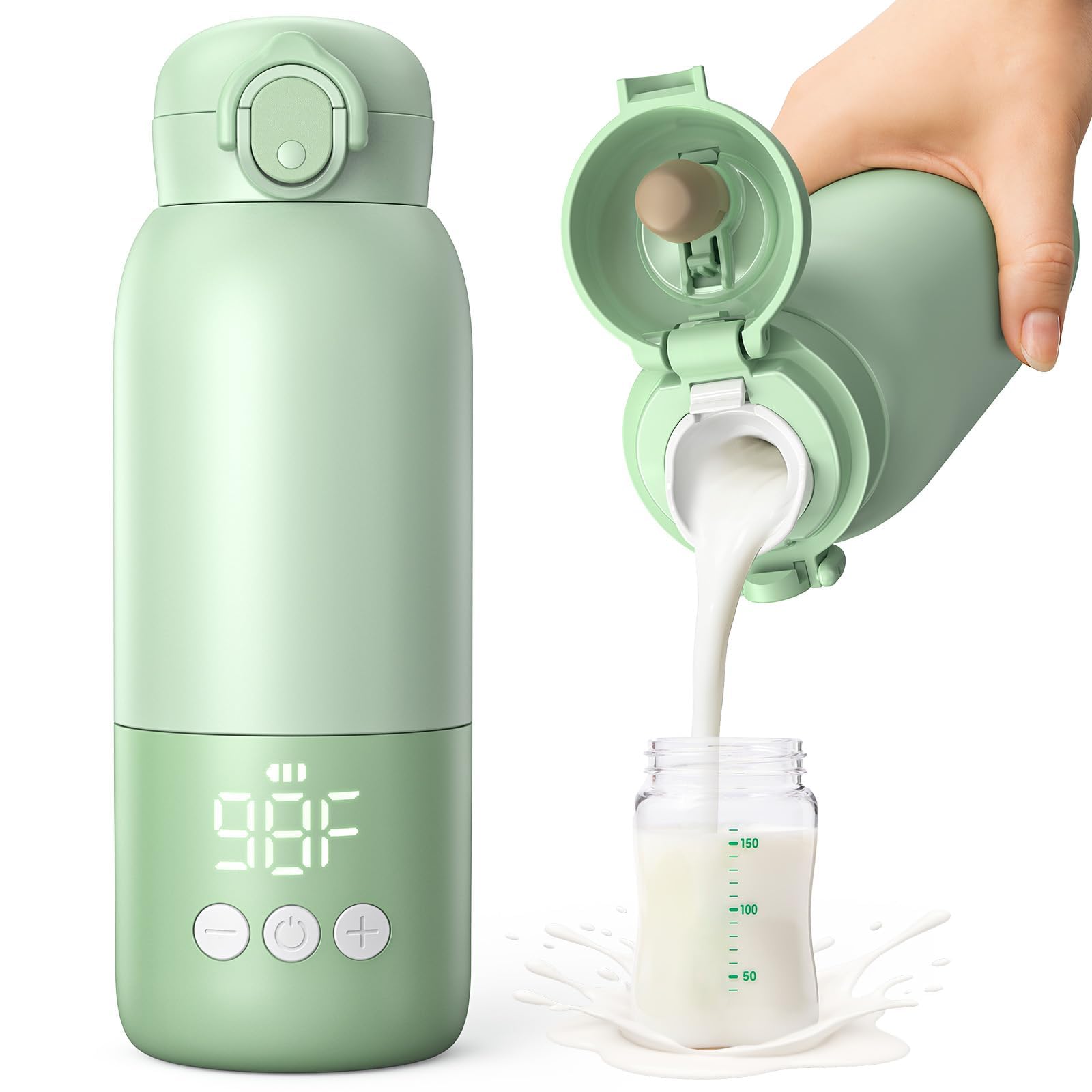 Voice-tank portable bottle warmer in use for quick travel feeds