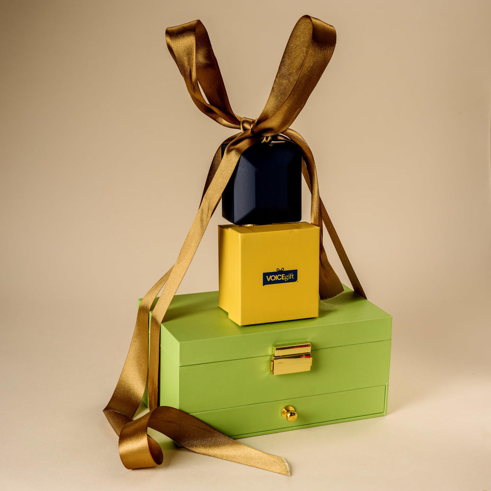 VoiceGift memory box green plush-lined compartments protect cherished items