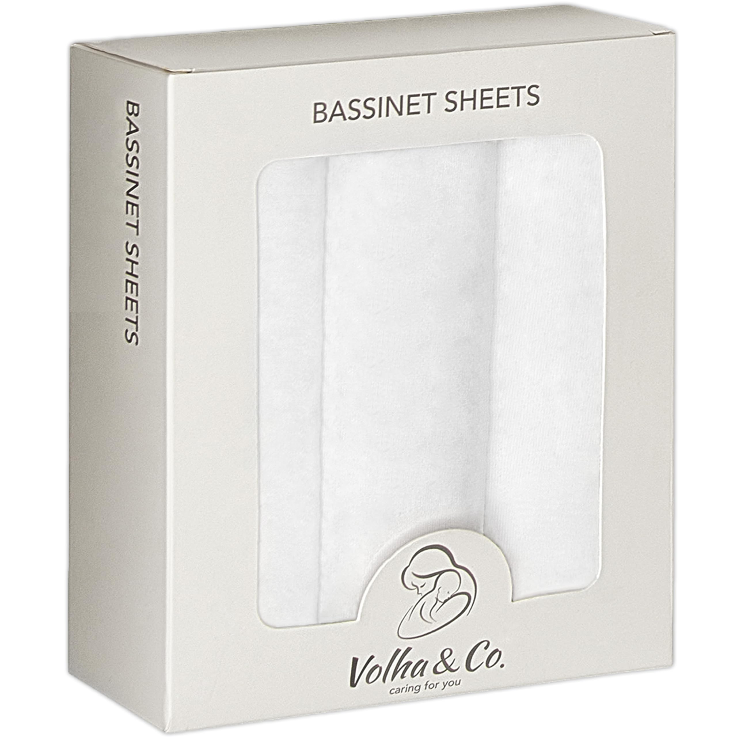 VOLHA & CO bassinet fitted sheet demonstrating universal fit for multiple bassinet shapes