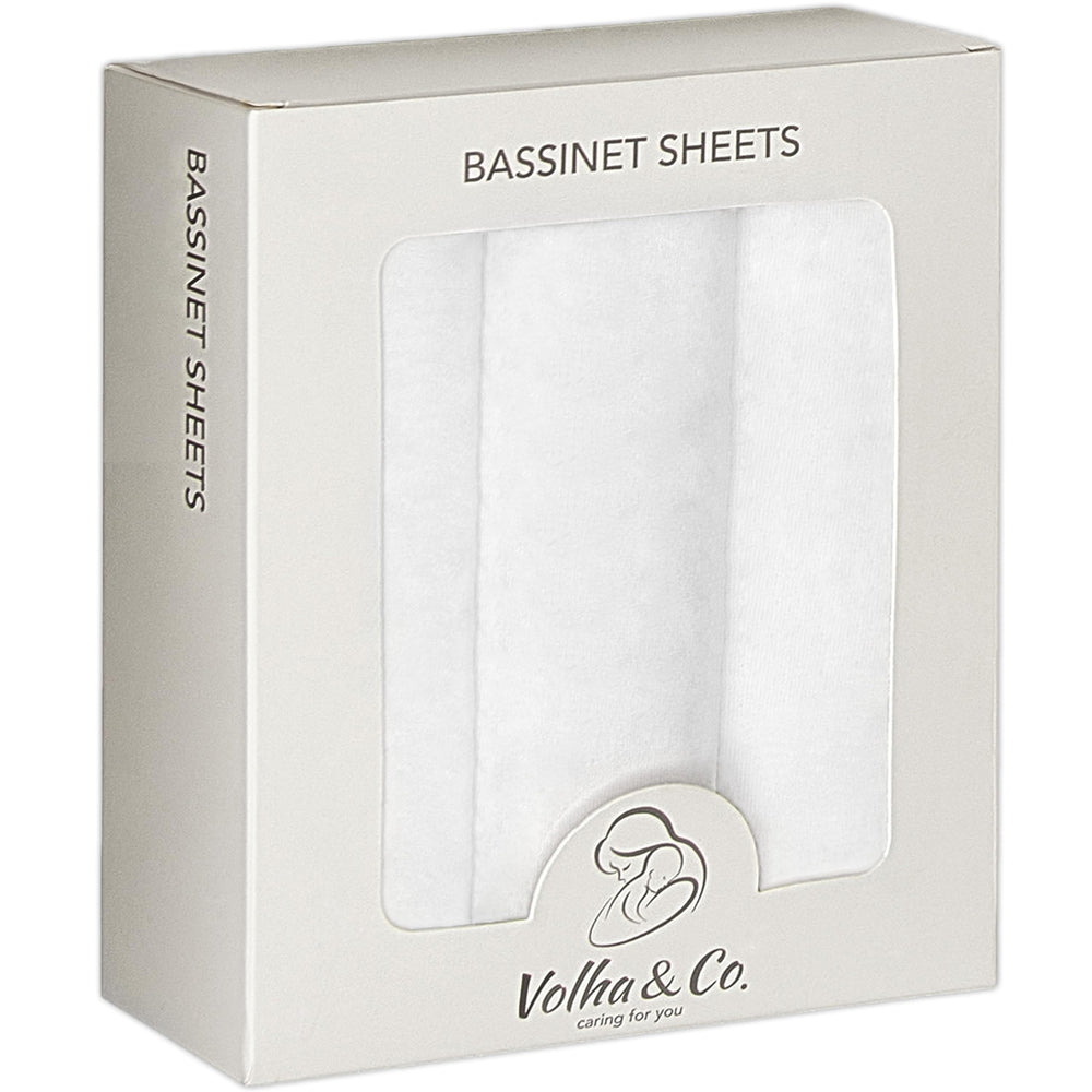 VOLHA & CO bassinet fitted sheet demonstrating universal fit for multiple bassinet shapes