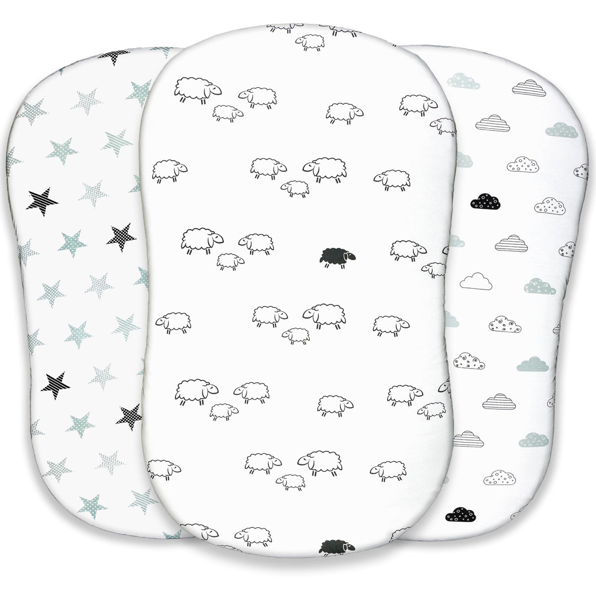 VOLHA & CO bassinet sheets pack universal-fit view, compatible with Halo Bassinest Swivel Sleeper.
